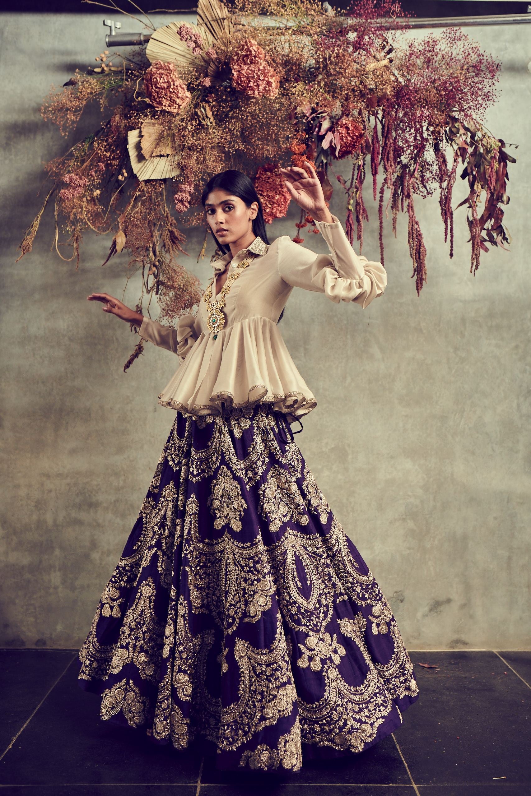 Jayanti Reddy - Purple Embroidered Lehenga Set With Peplum Top