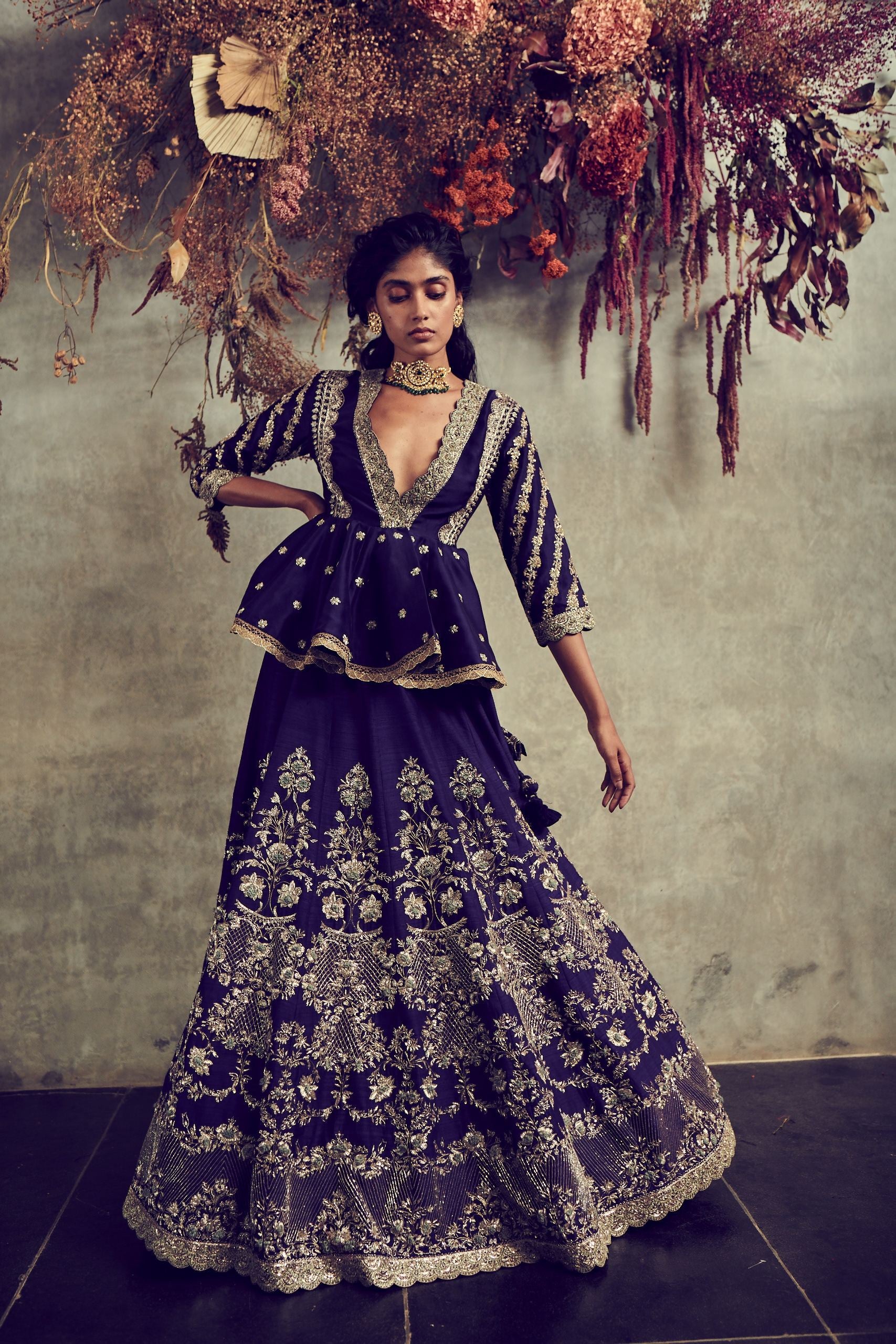 Jayanti Reddy - Purple Embroidered Lehenga Set With A Peplum Top