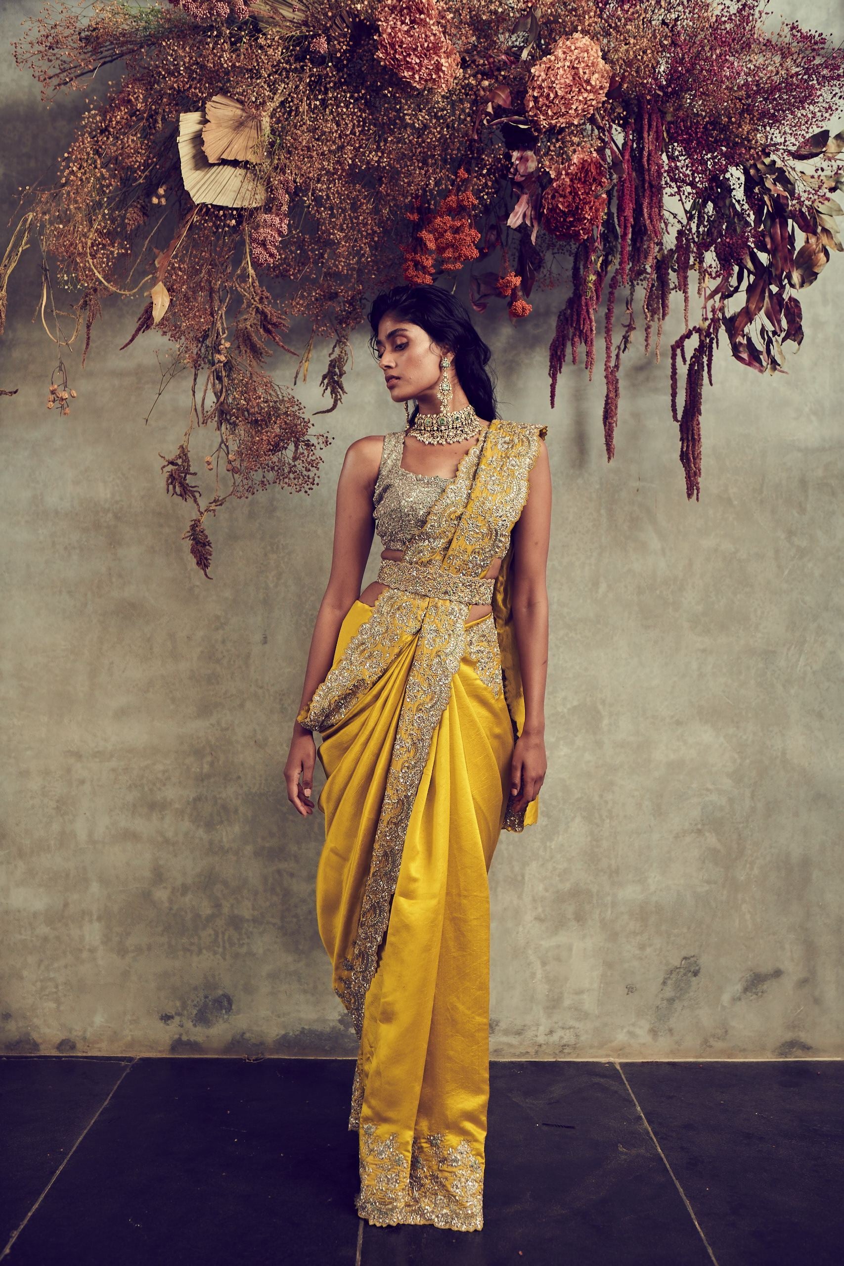 Jayanti Reddy - Mustard Embroidered Saree Set With Belt