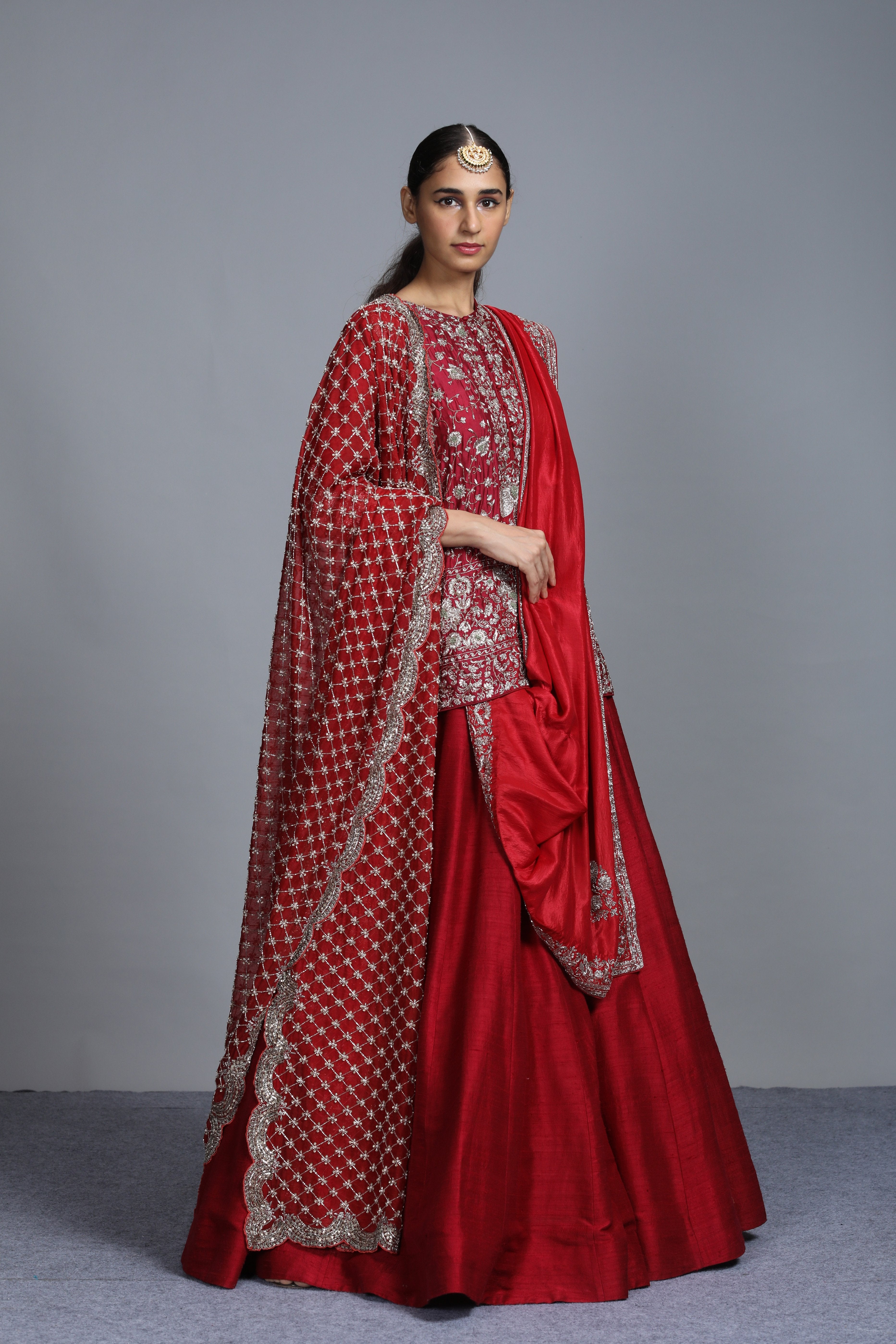 Jayanti Reddy - Maroon Embroidered Short Tunic Lehenga Set