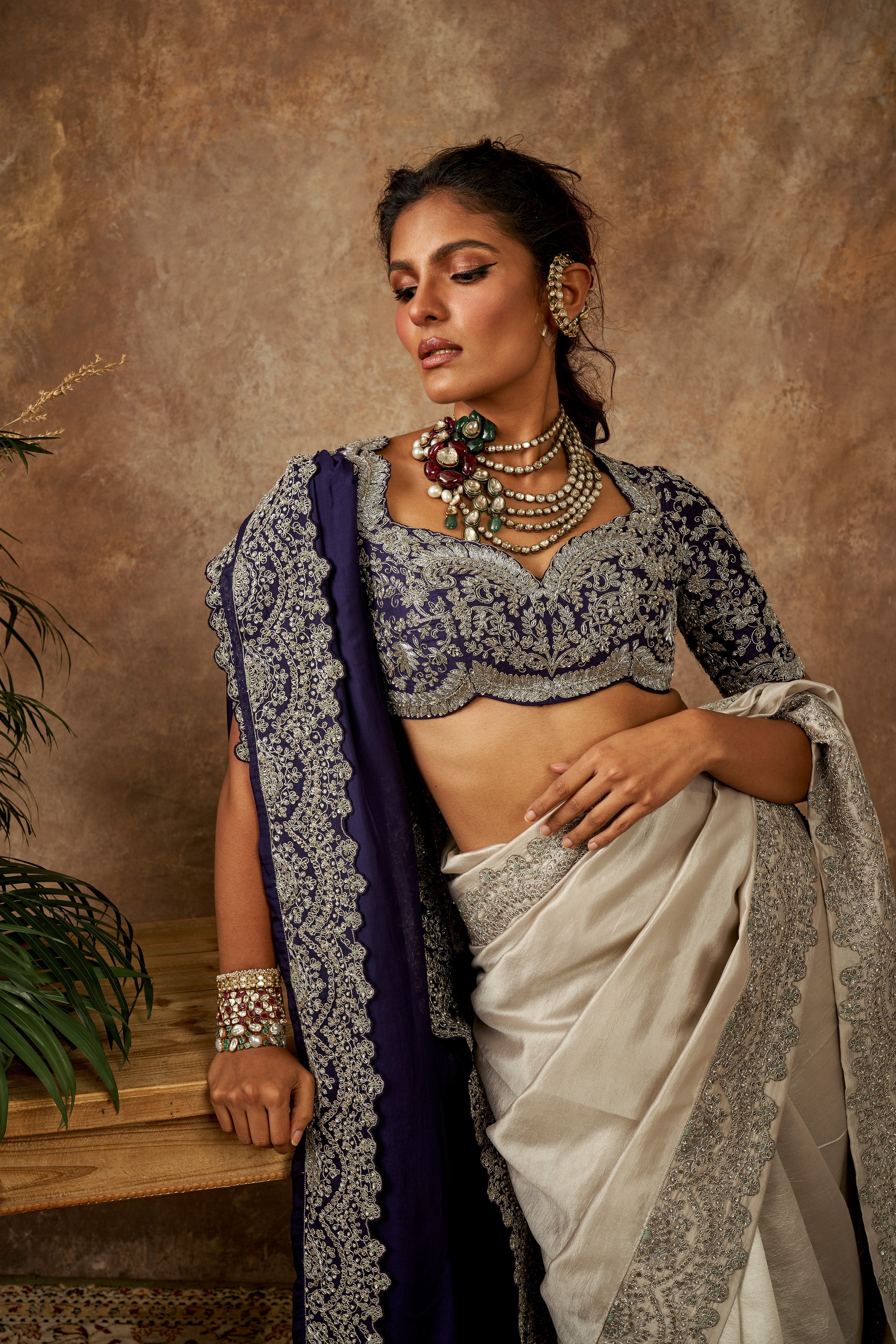 Jayanti Reddy - Beige Embroidered Saree Set