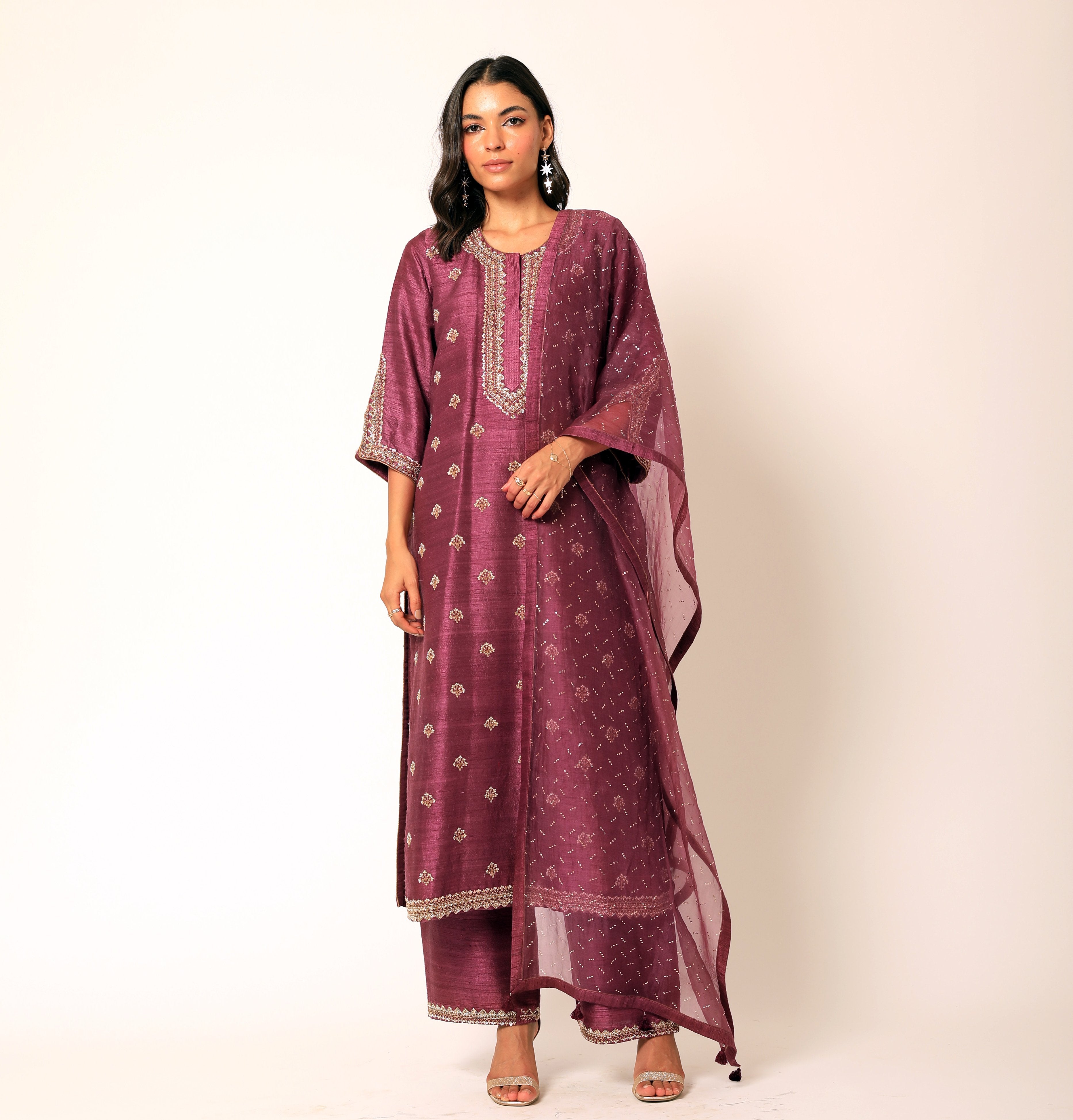 Romaa - Wine Embroidered Kurta Set