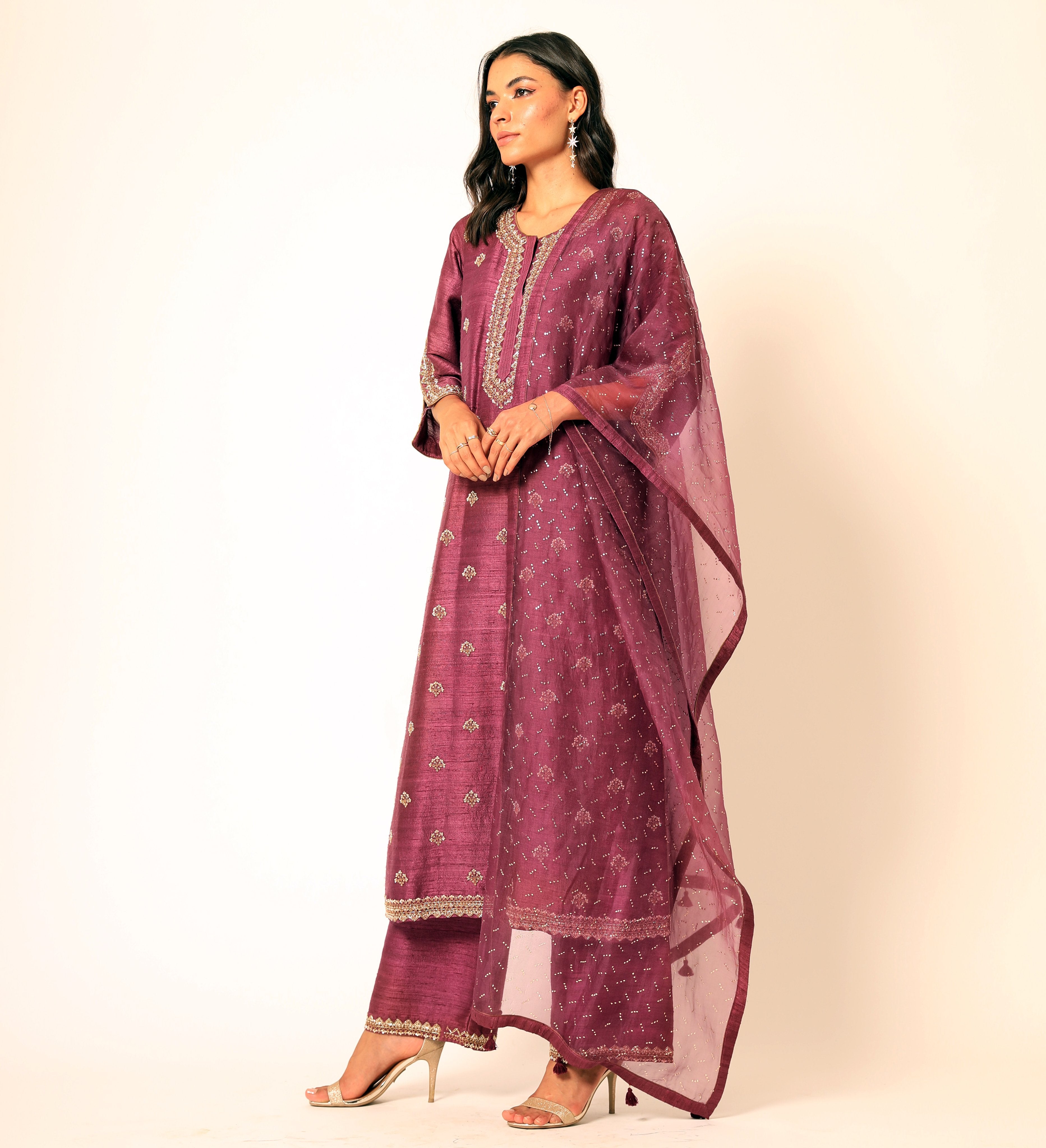 Romaa - Wine Embroidered Kurta Set
