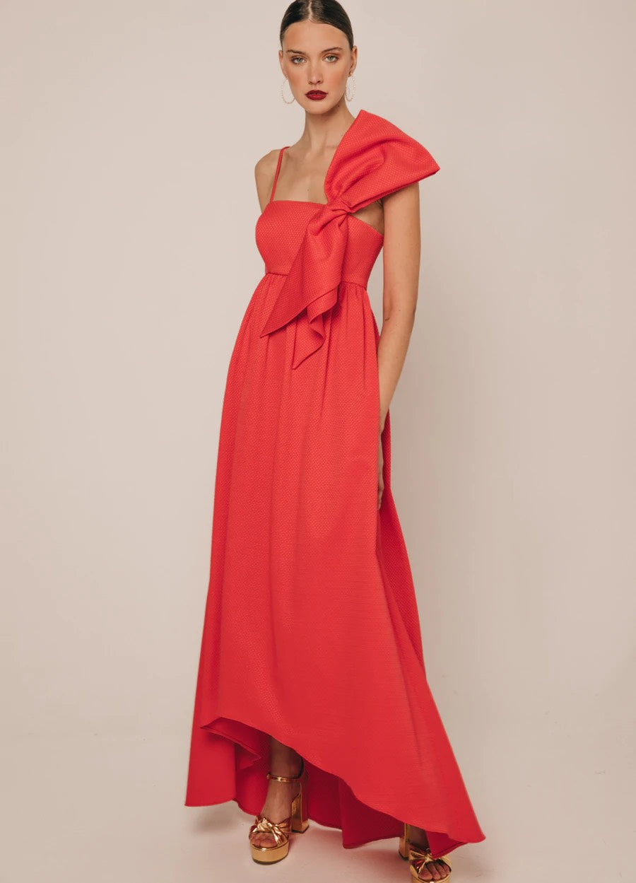 Khushboo & Pankaj - Persian Red One - Shoulder Bow Dress