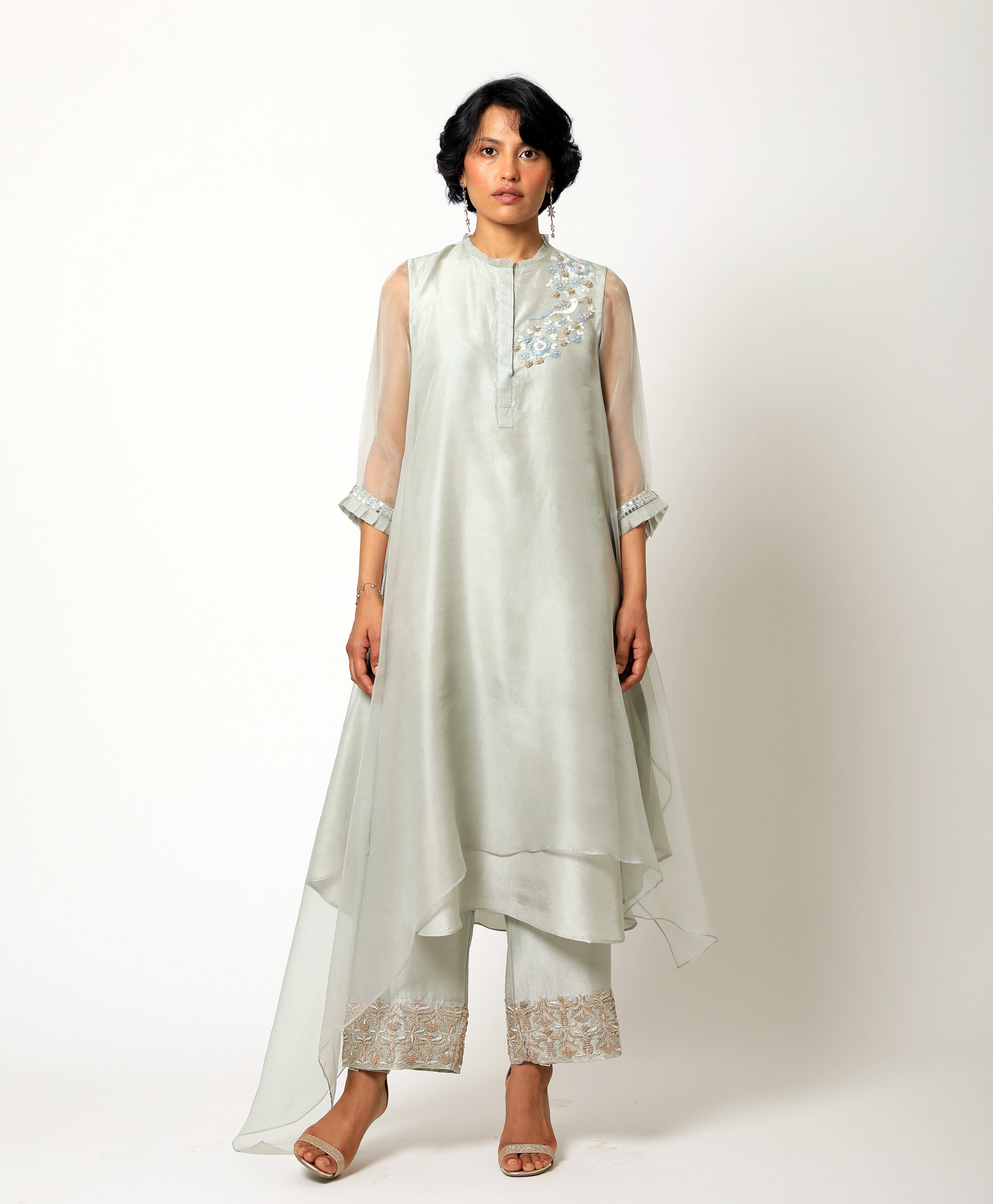 Romaa - Greenish Grey Embroidered Kurta Set