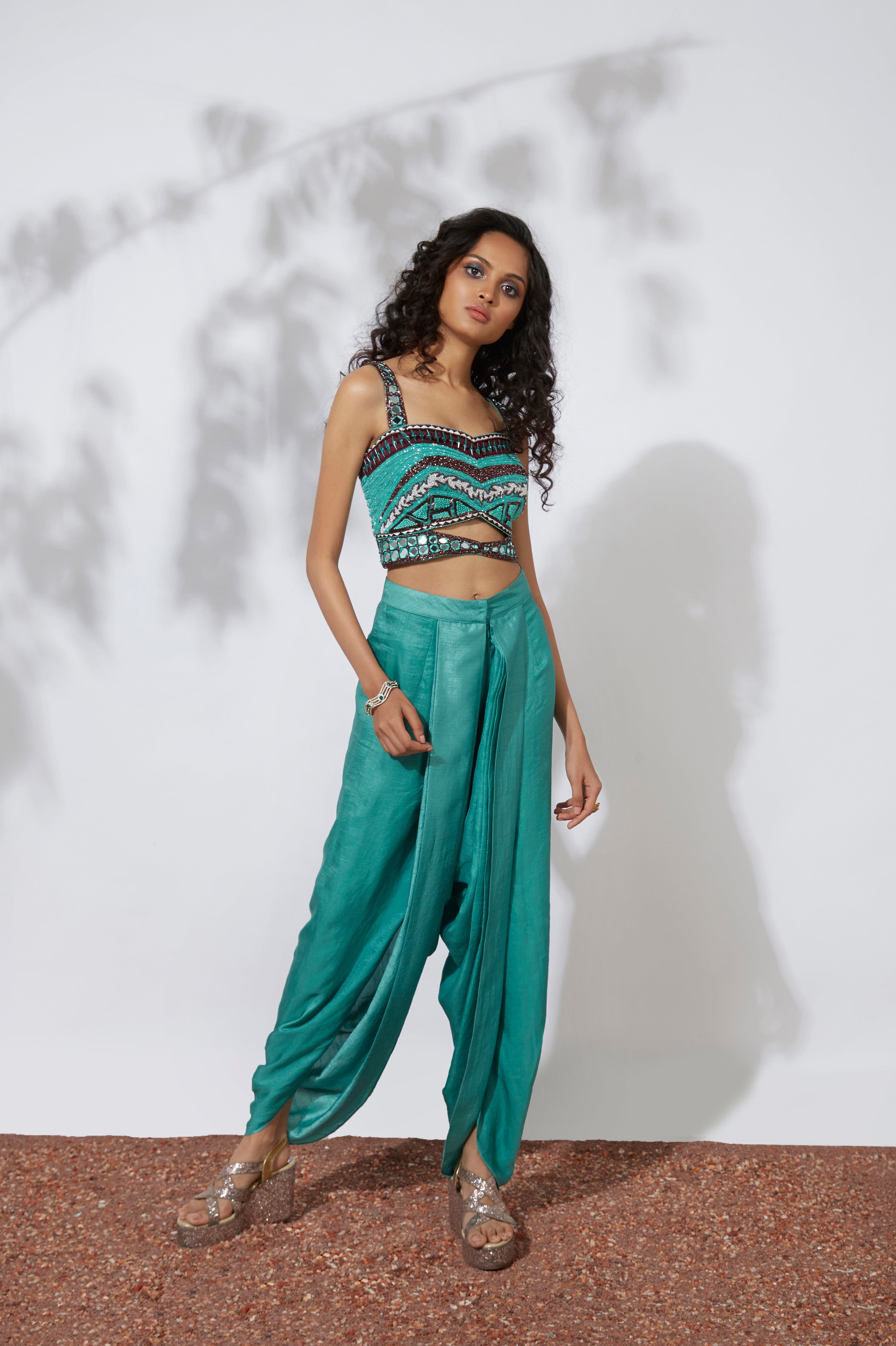 Mehak Murpana - Turquoise Dhoti Pants with Embroidered Choli & Net Cape Set