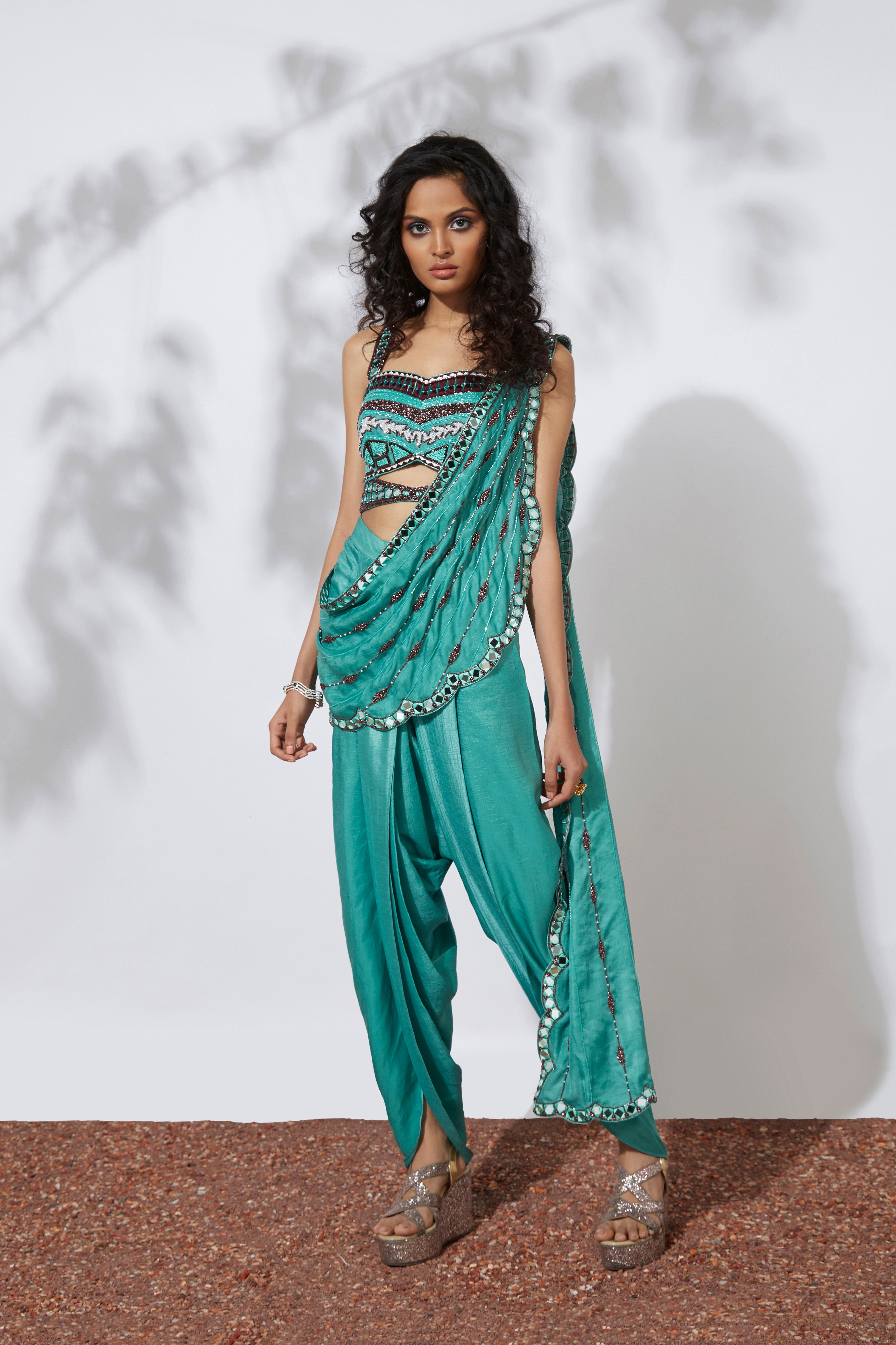 Mehak Murpana - Turquoise Dhoti Pants Saree with Embroidered Choli