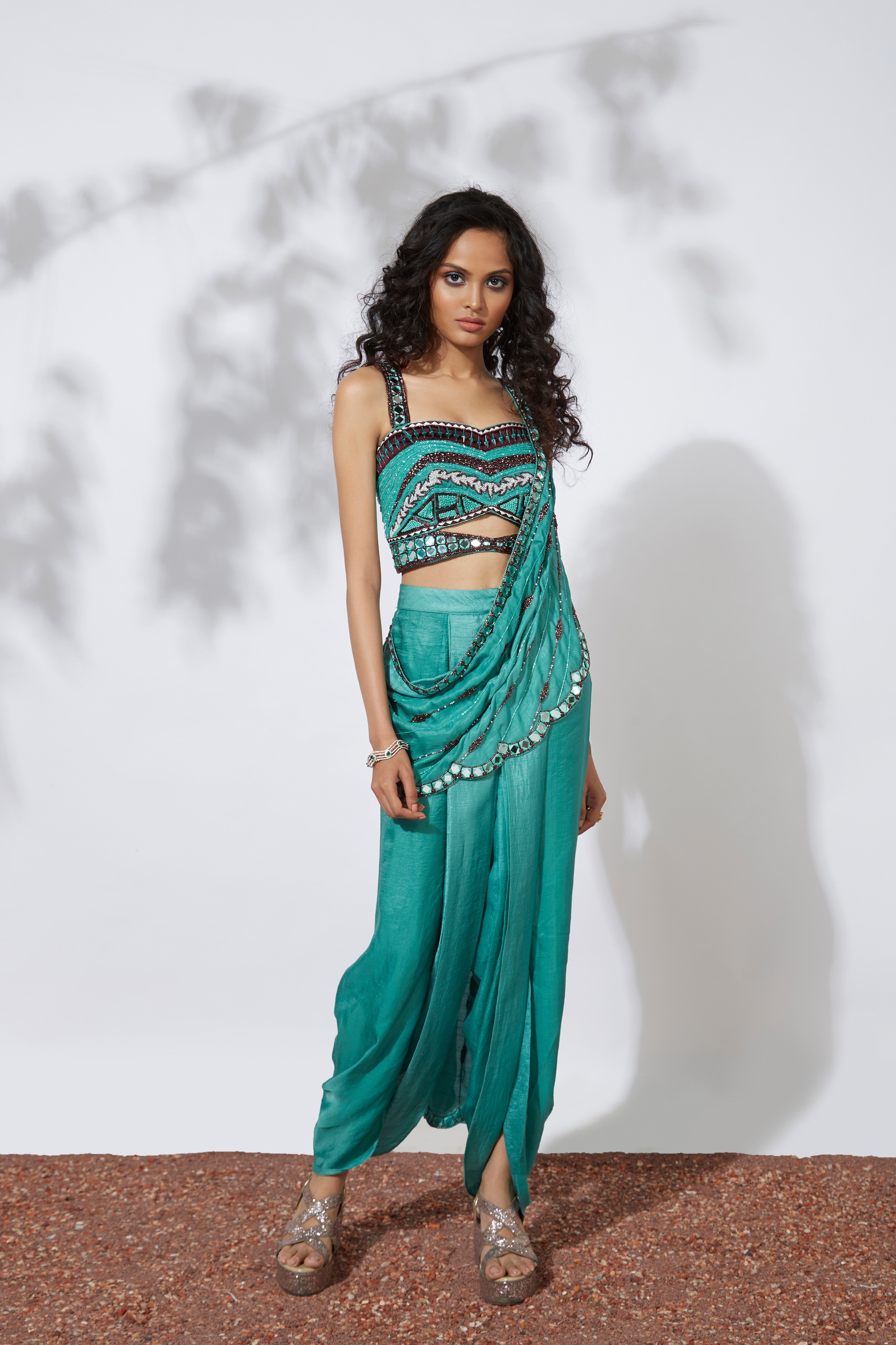 Mehak Murpana - Turquoise Dhoti Pants Saree with Embroidered Choli