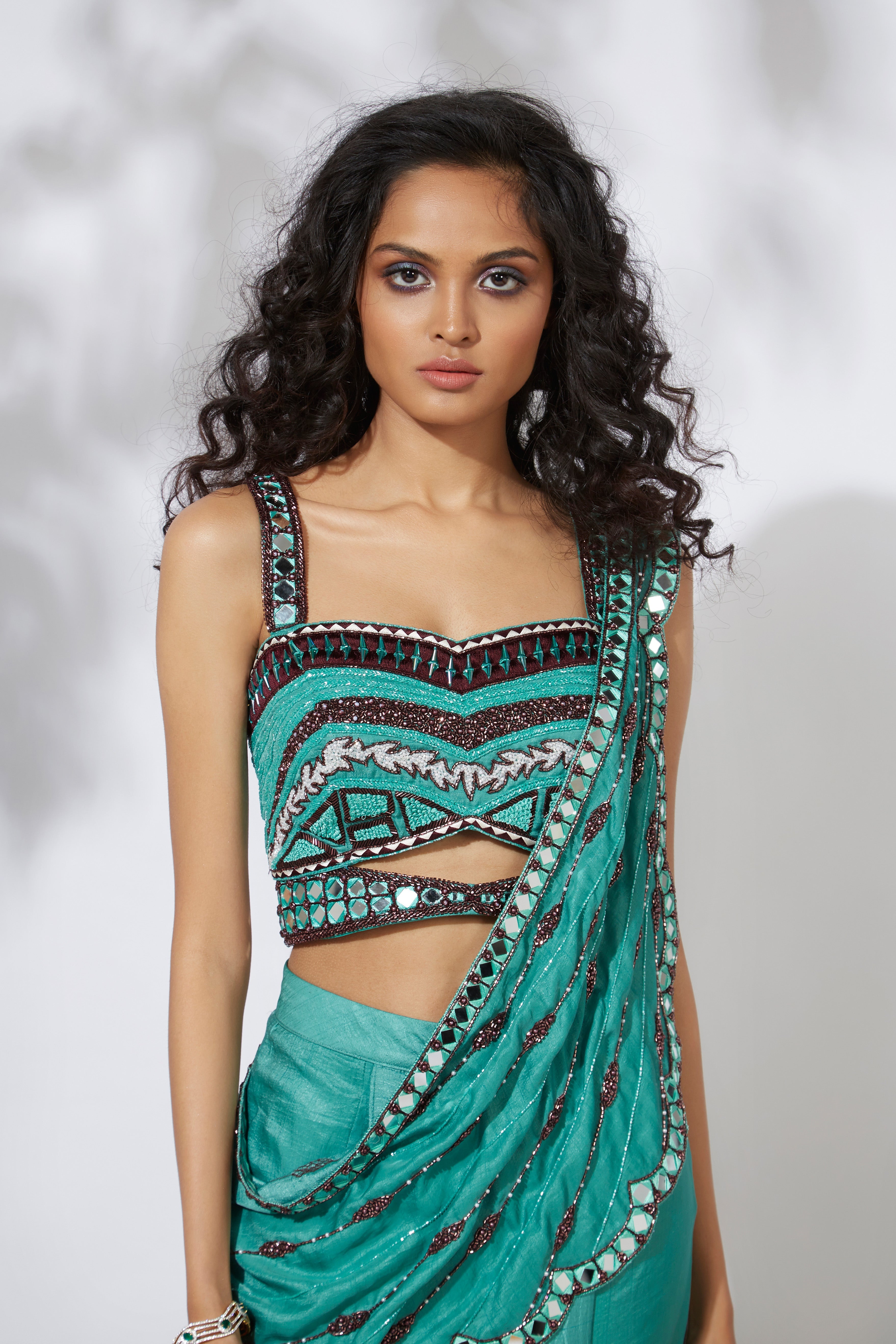 Mehak Murpana - Turquoise Dhoti Pants Saree with Embroidered Choli