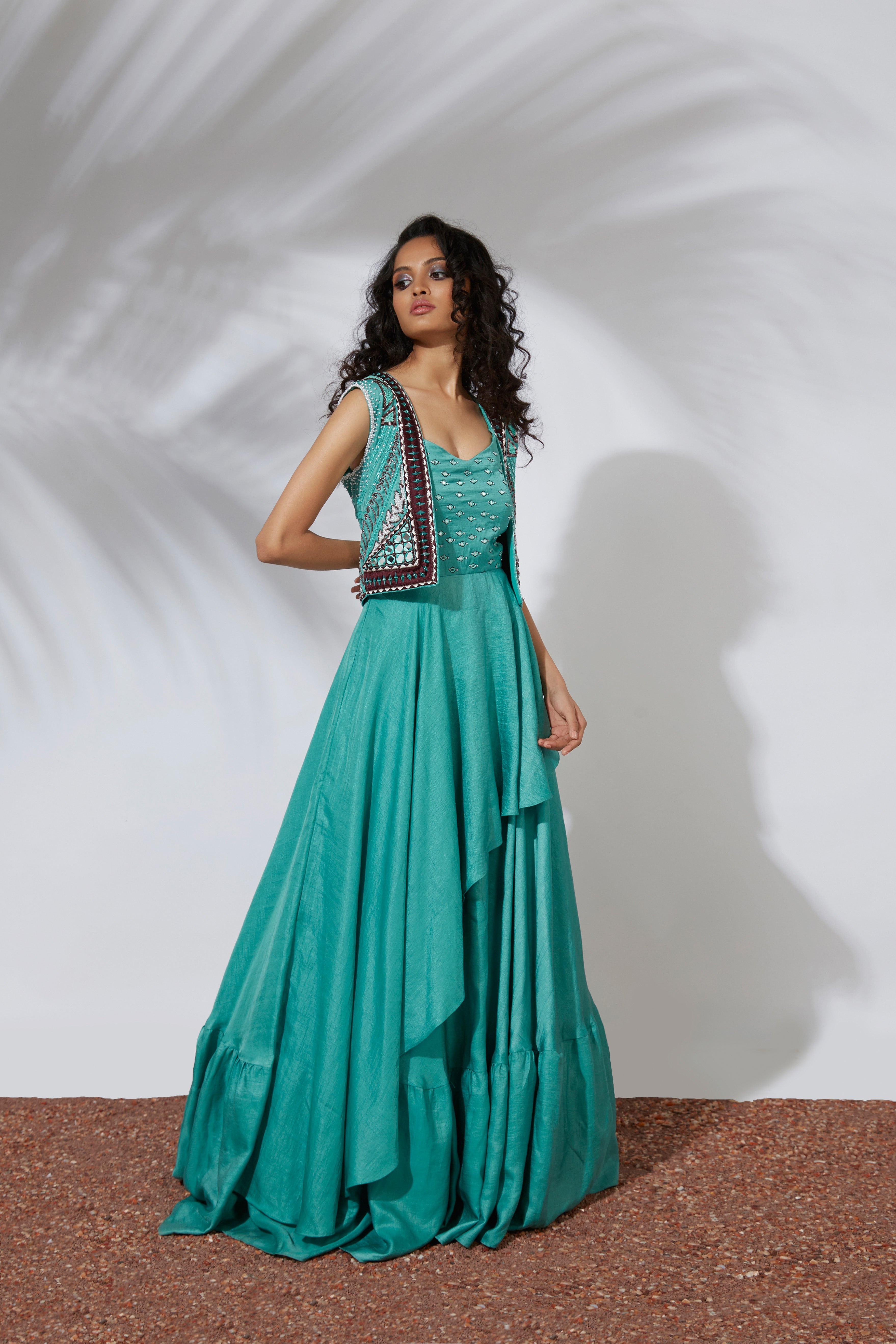 Mehak Murpana - Turquoise Asymmetrical Gown with Embroidered Crop Jacket
