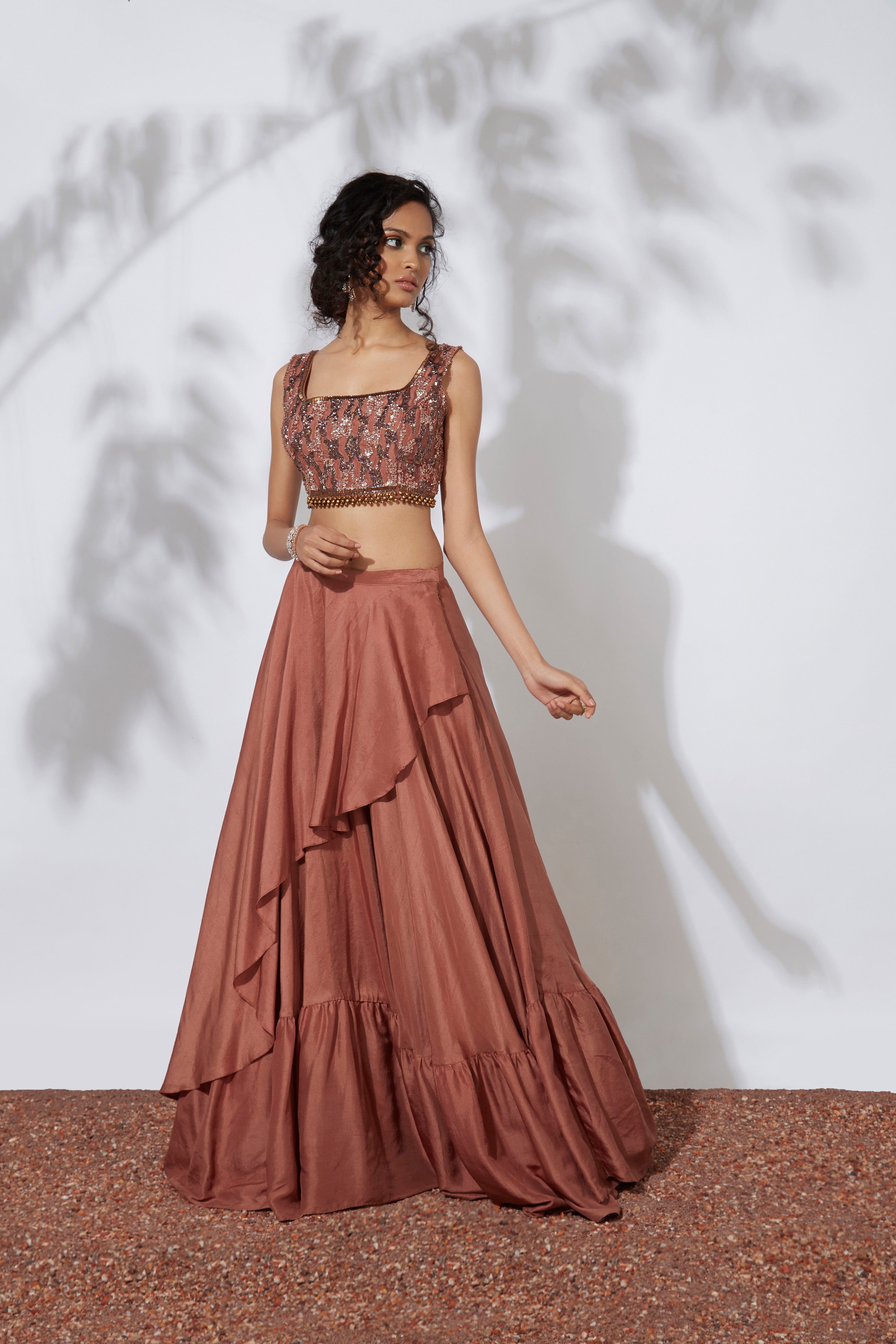 Mehak Murpana - Ochre Lehenga with Embroidered Crop Top