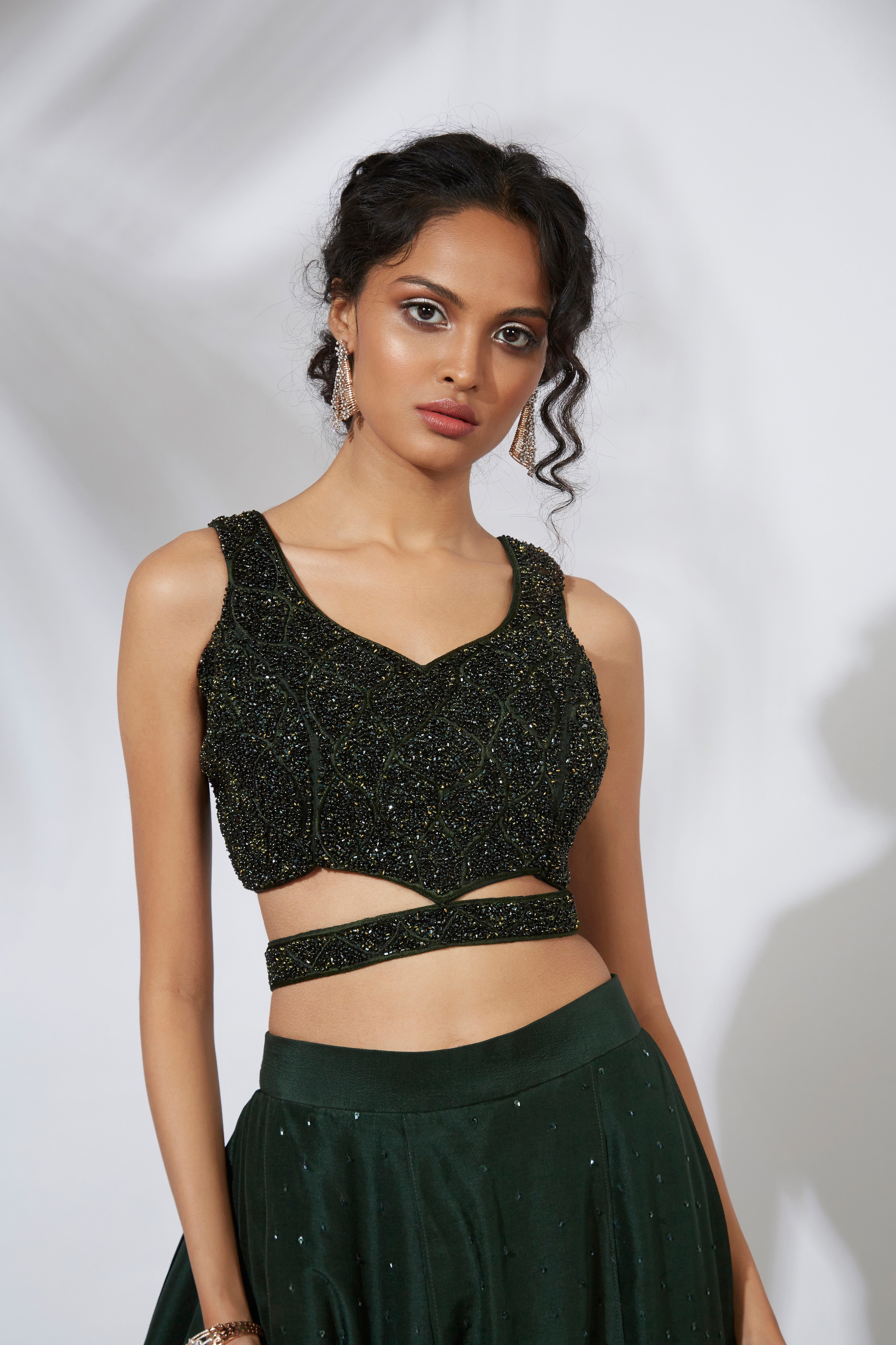 Mehak Murpana - Forest Green Embroidered Lehenga With Crop Top