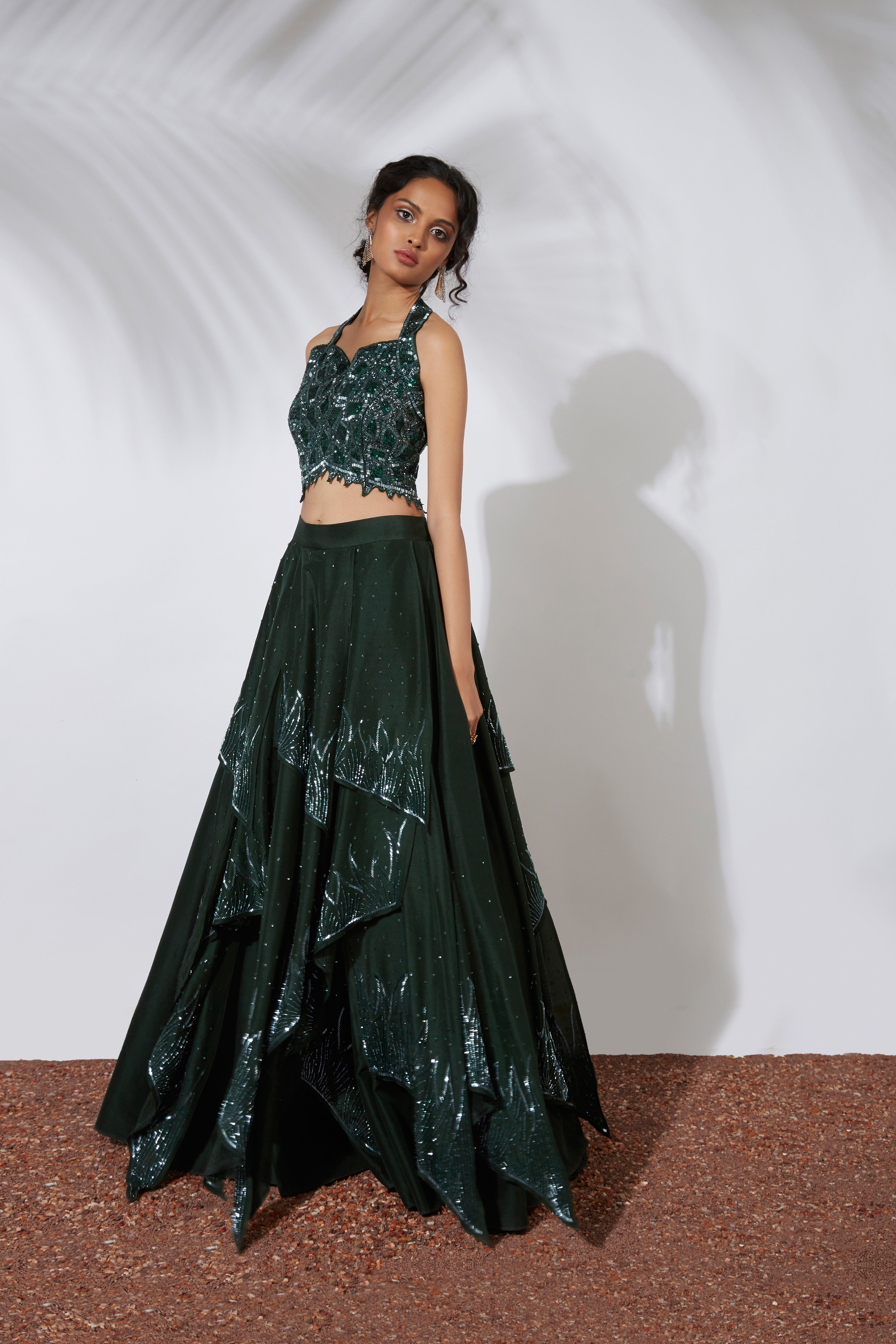 Mehak Murpana - Forest Green Embroidered Lehenga With Crop Top