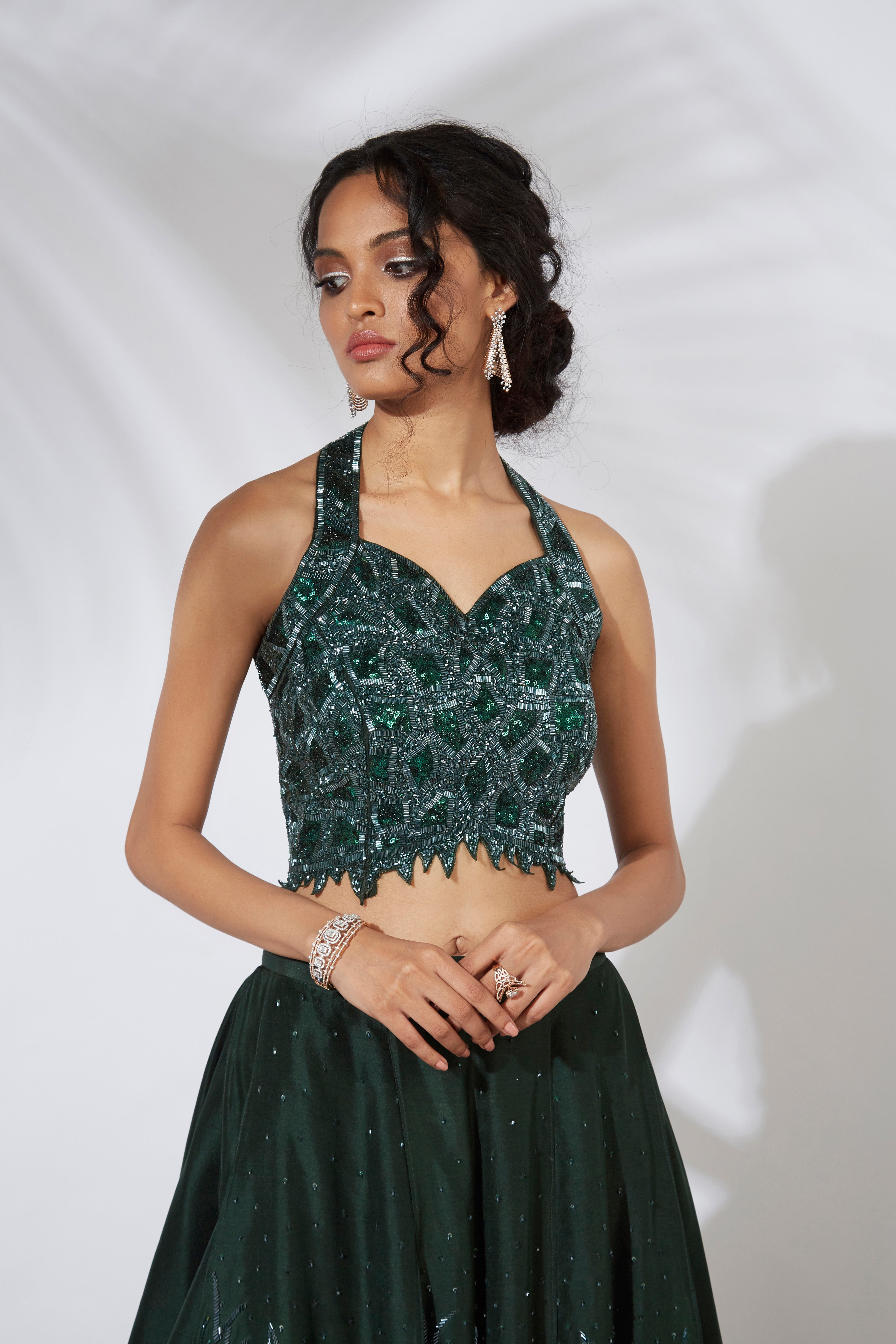 Mehak Murpana - Forest Green Embroidered Lehenga With Crop Top