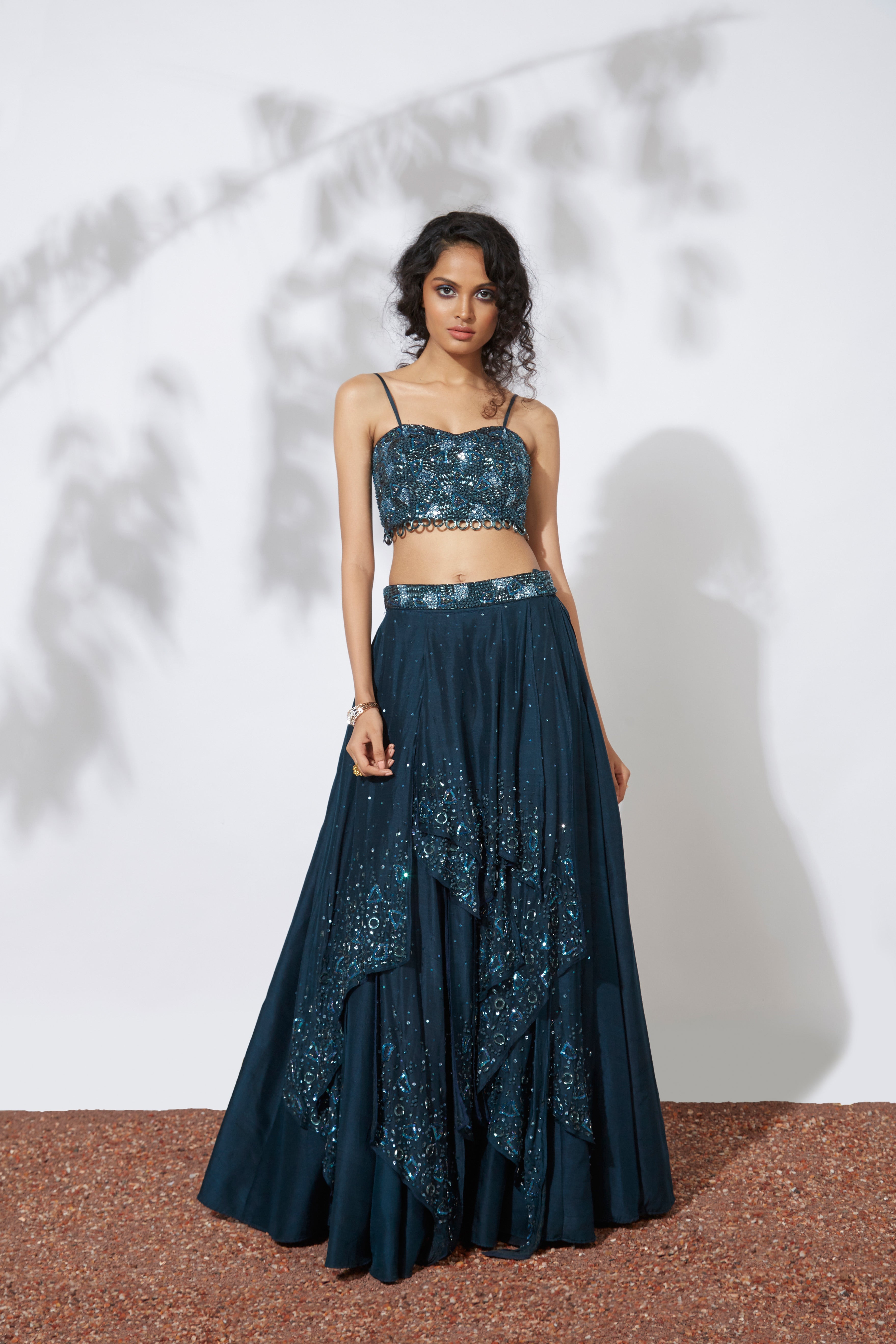 Mehak Murpana - Teal Embroidered Lehenga with Crop Top Set