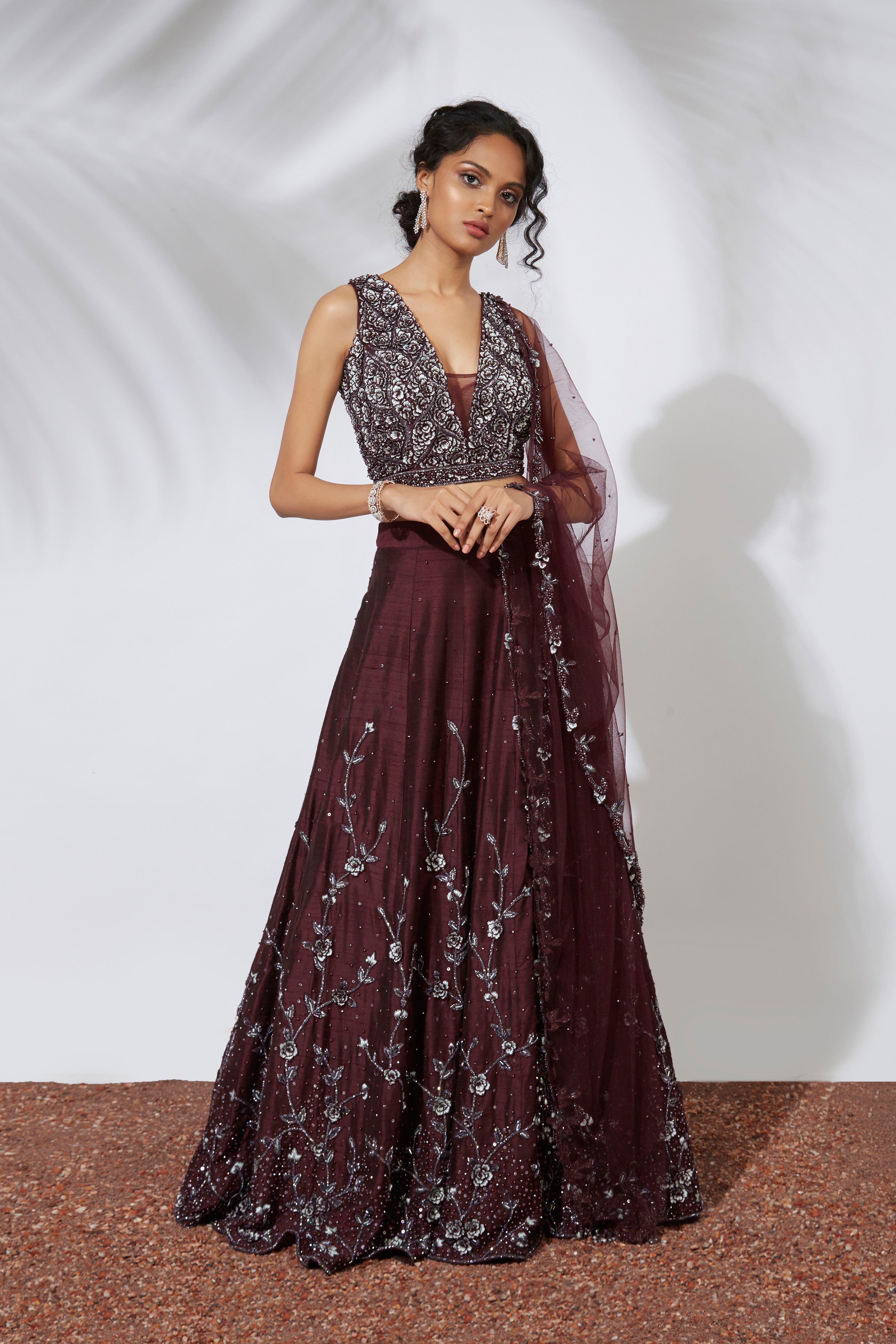 Mehak Murpana - Merlot 3D Embroidered Lehenga Set