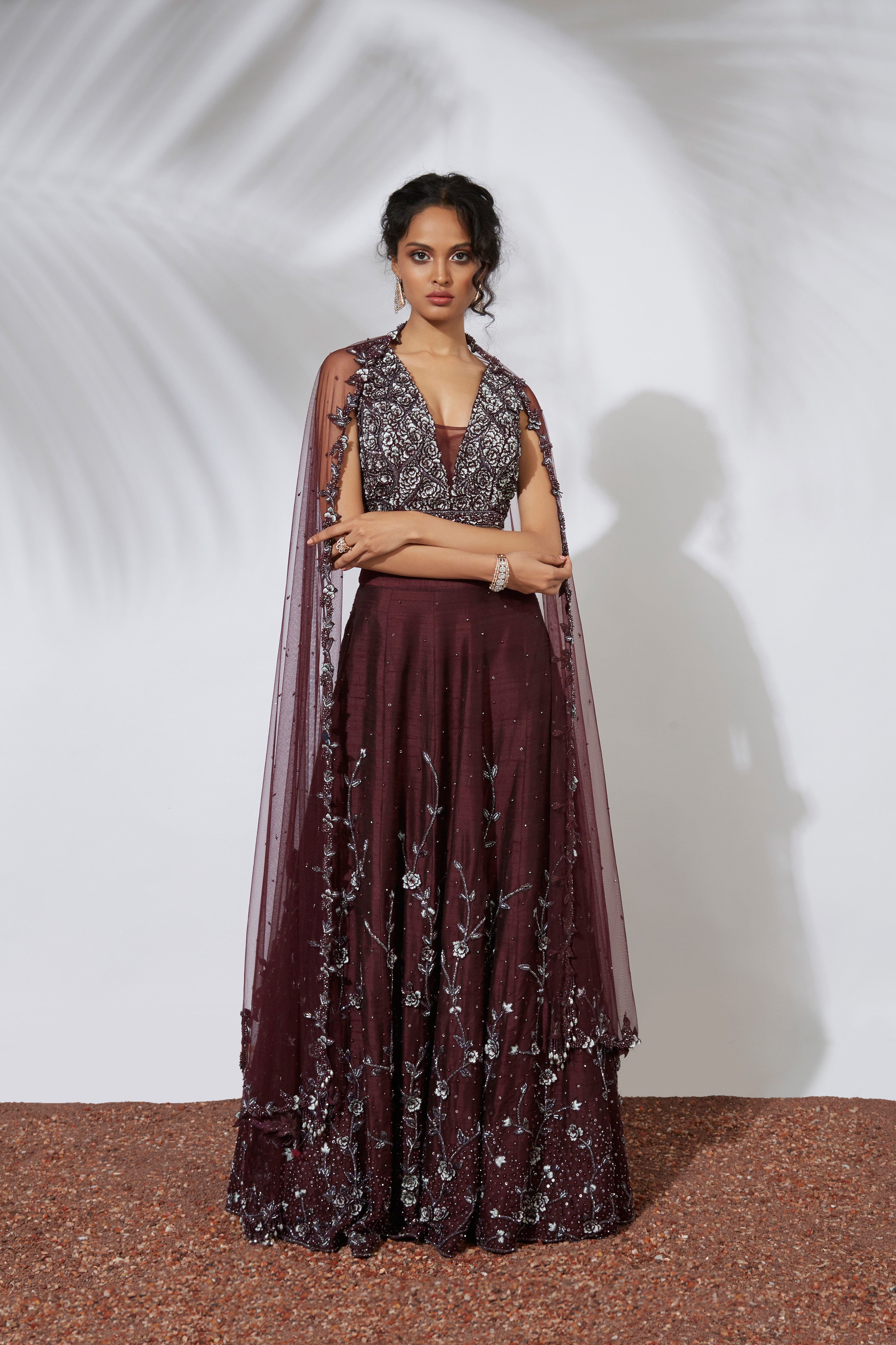 Mehak Murpana - Merlot 3D Embroidered Lehenga Set