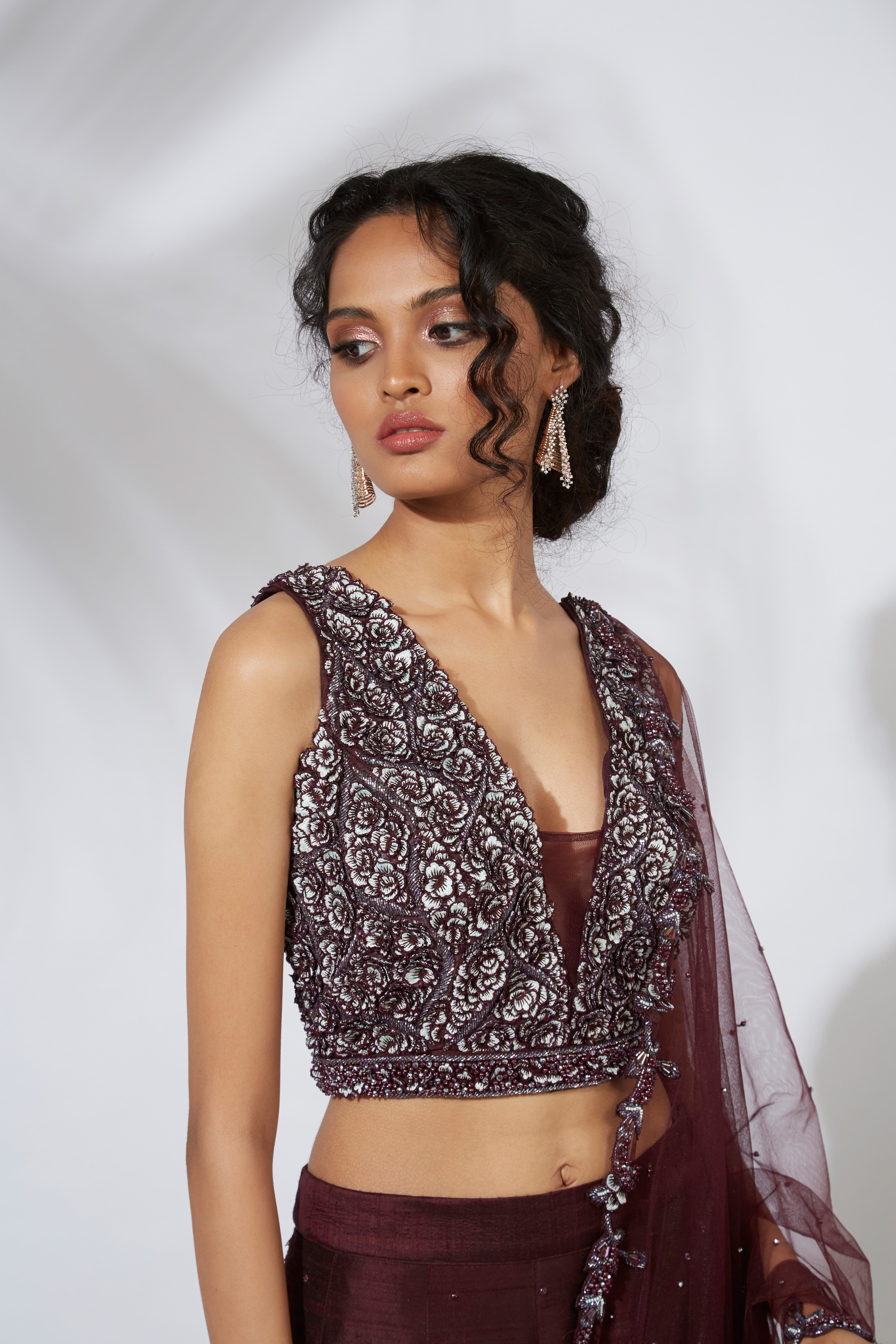 Mehak Murpana - Merlot 3D Embroidered Lehenga Set