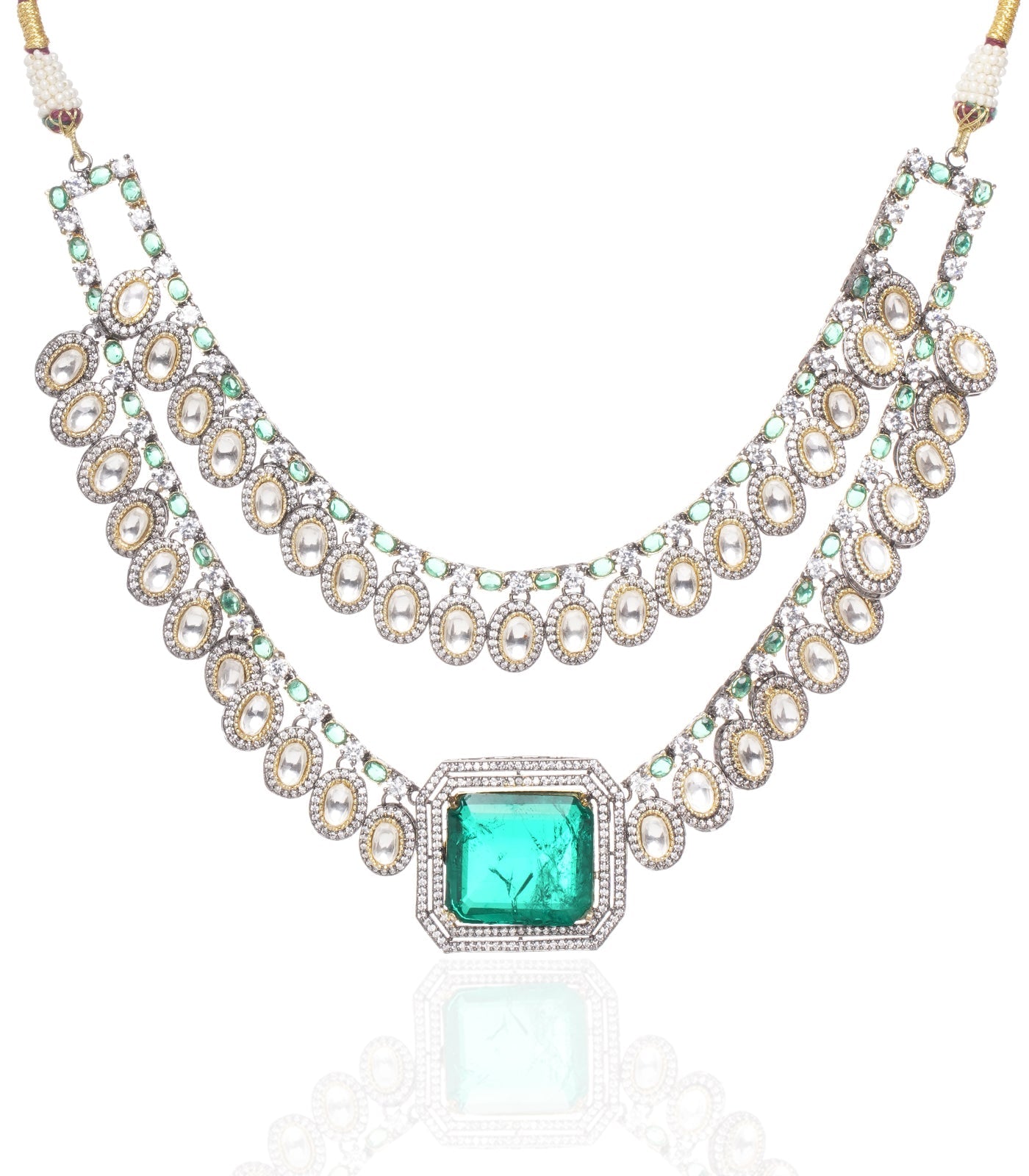 Preeti Mohan - Chandni Antique Finish Two Line Green Polki Necklace