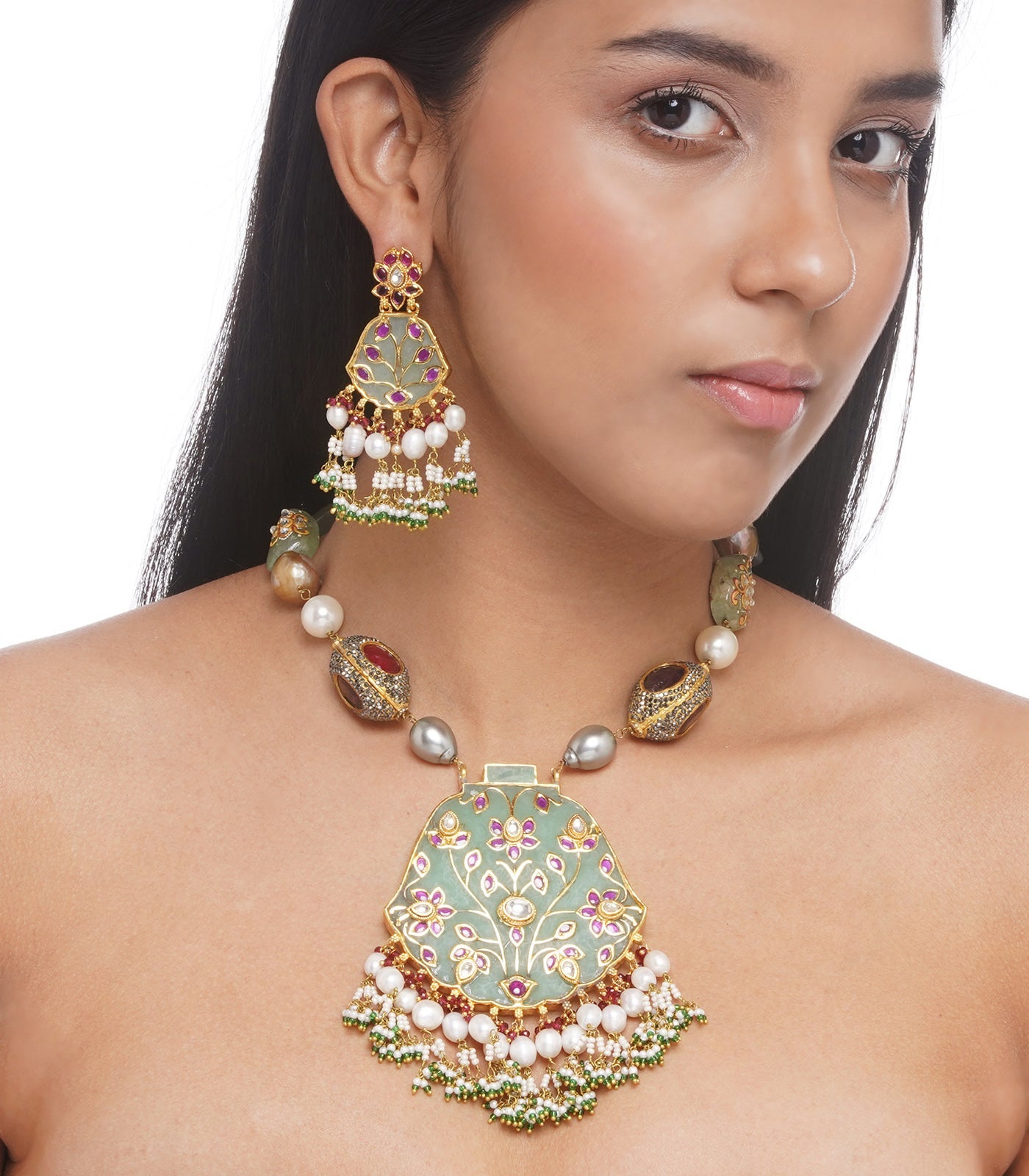 Preeti Mohan - Chandni Gold Plated Red & Mint Pendant Necklace