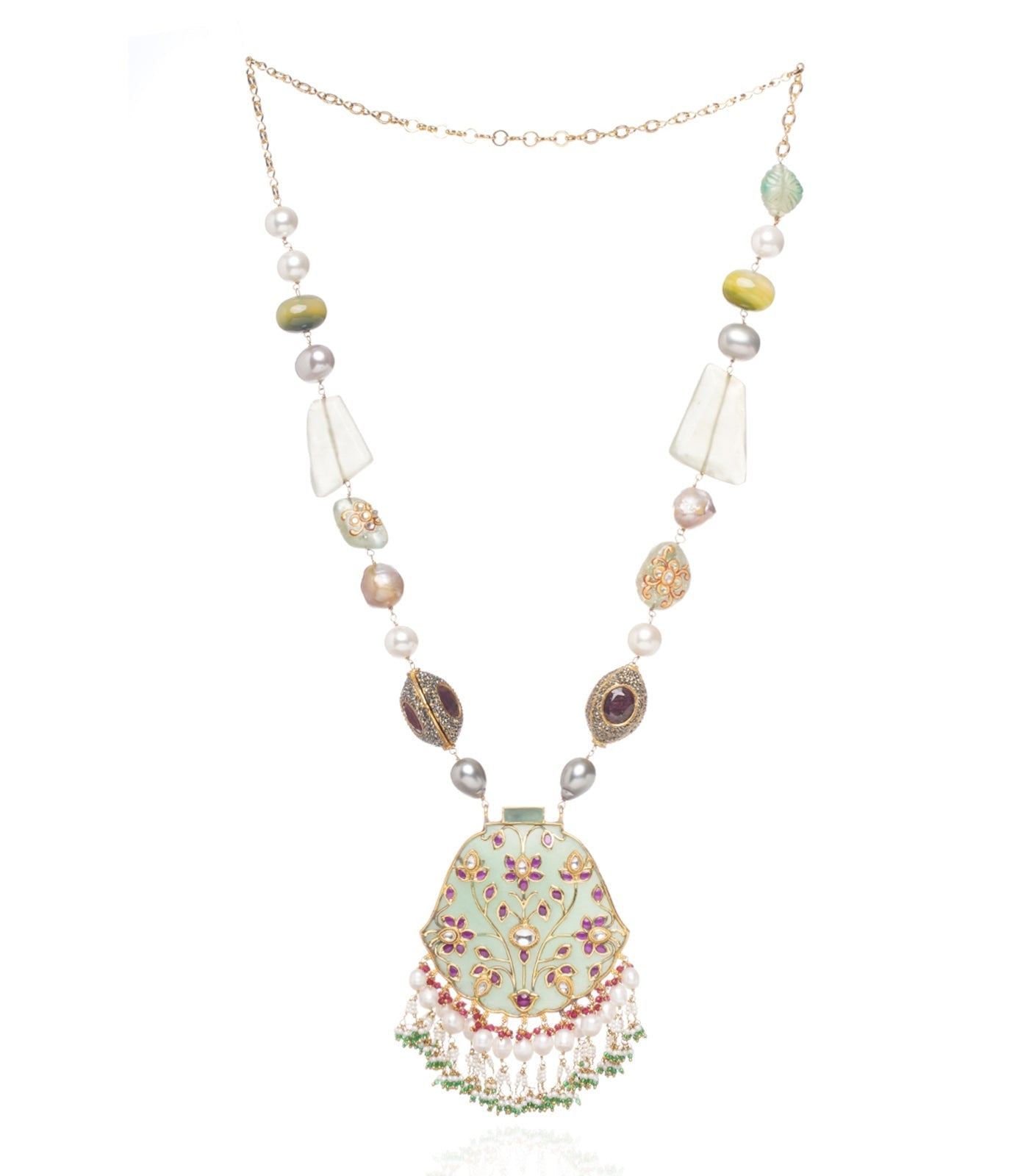 Preeti Mohan - Chandni Gold Plated Red & Mint Pendant Necklace