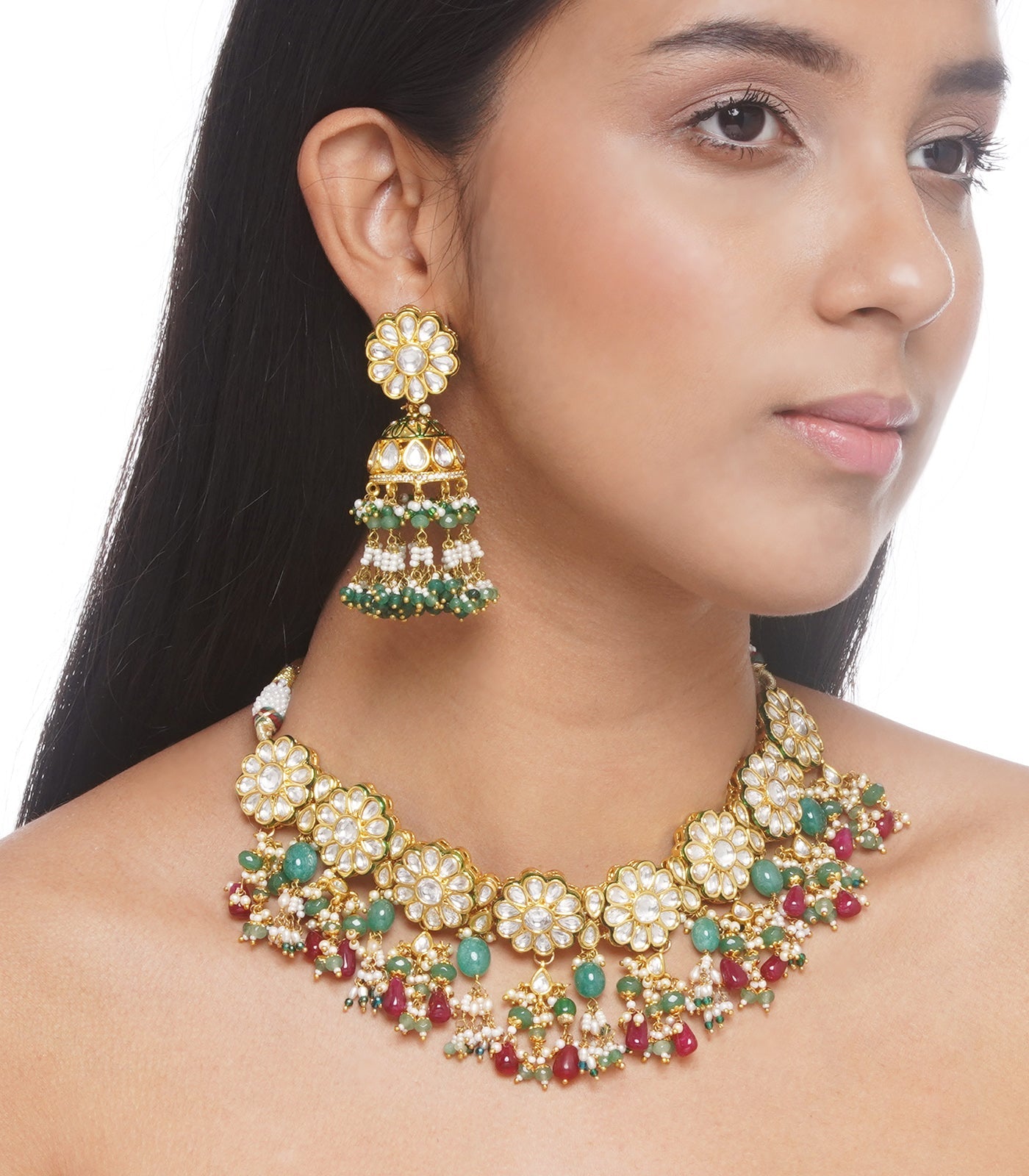 Preeti Mohan - Chandni Gold Plated Red & Green Necklace Set Red & Green Drops