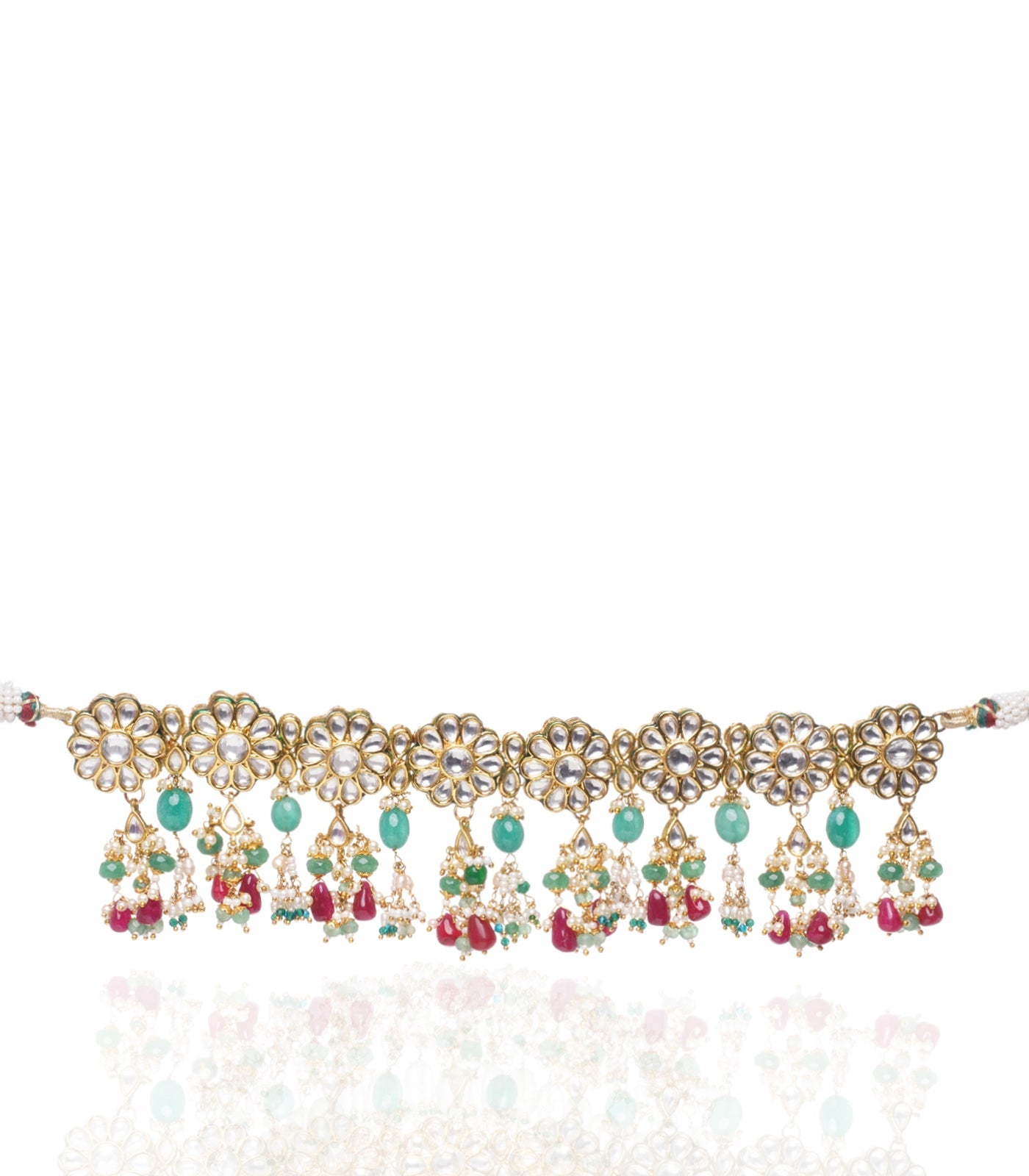 Preeti Mohan - Chandni Gold Plated Red & Green Necklace Set Red & Green Drops