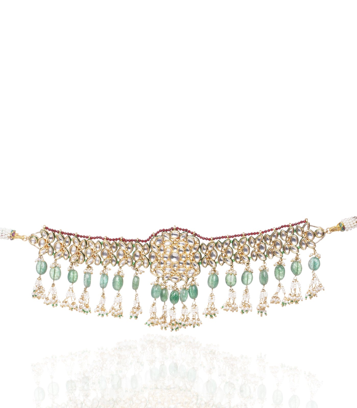 Preeti Mohan - Chandni Gold Plated Green Kundan Necklace Set With Green & White Drops