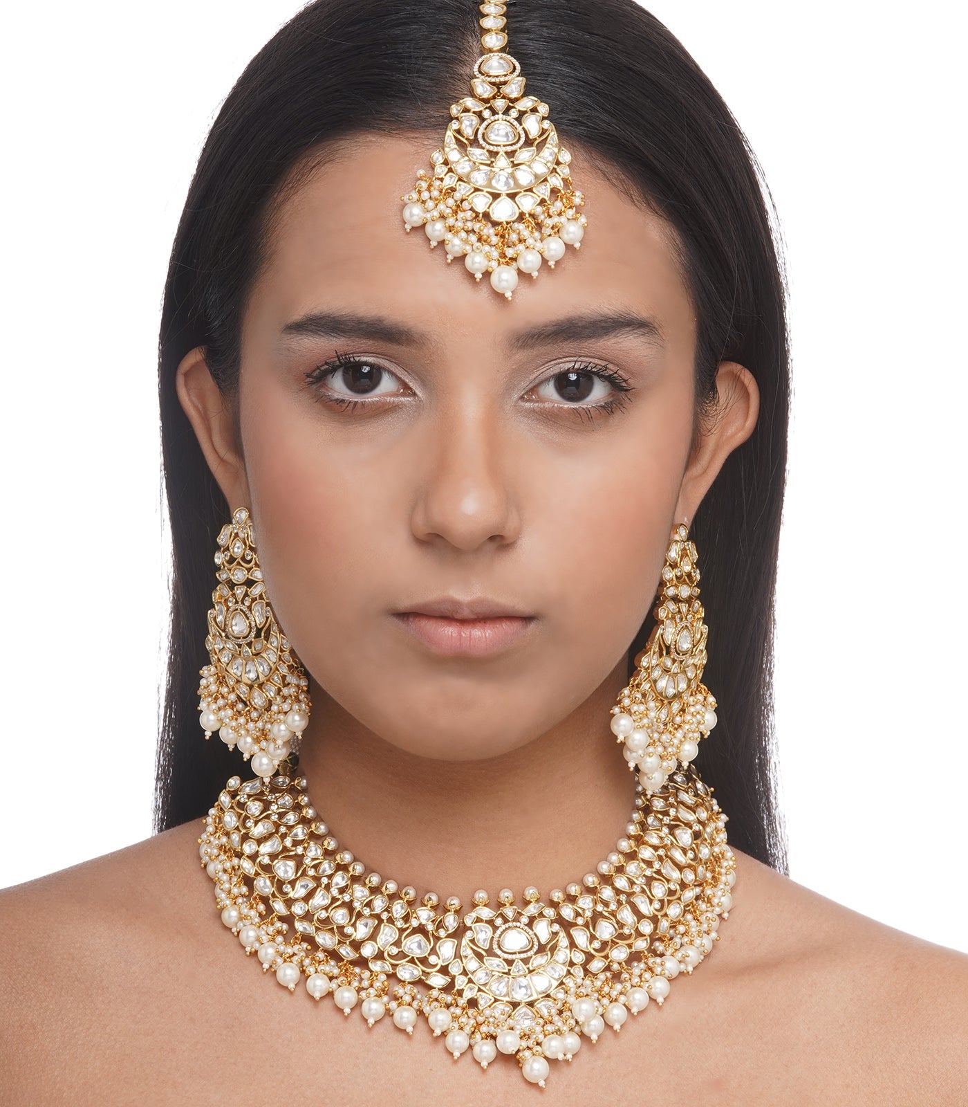 Preeti Mohan - Chandni Gold Plated White Kundan Necklace Set With White Pearls