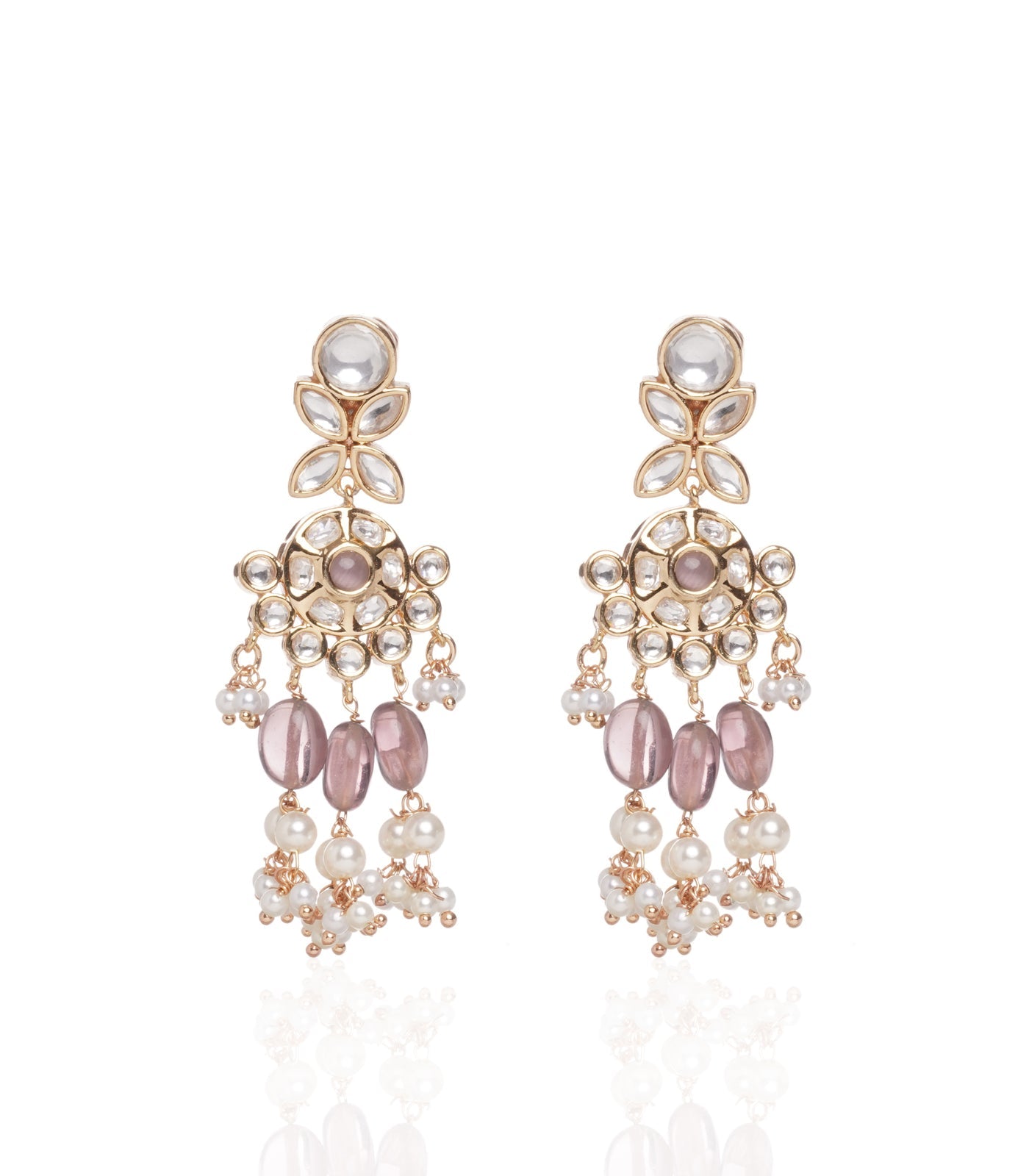 Preeti Mohan - Chandni Gold Plated Pink Kundan Necklace With Pink & White Drops