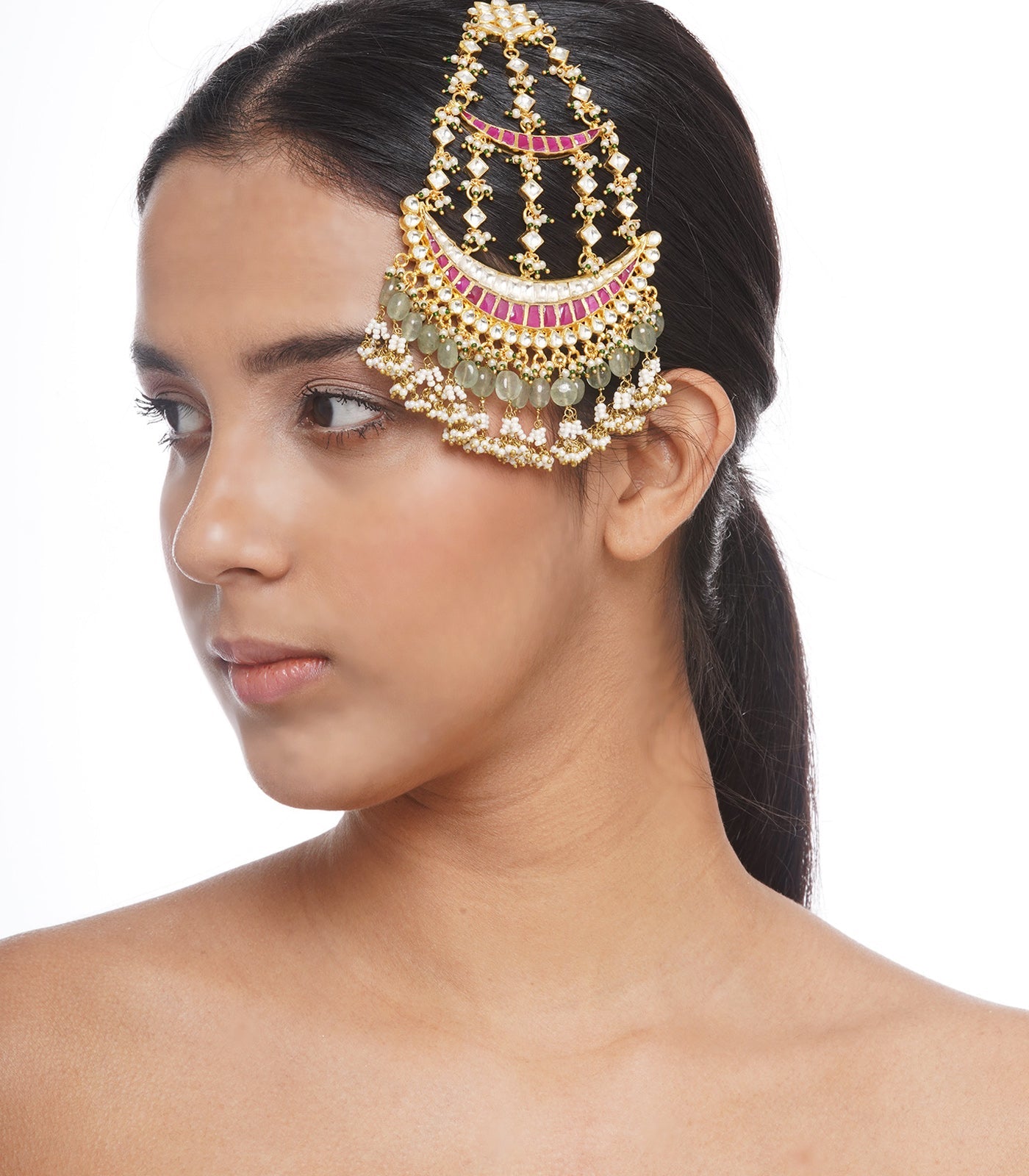 Preeti Mohan - Chandni Gold Plated Red & Green Kundan Passa Green & White Drops