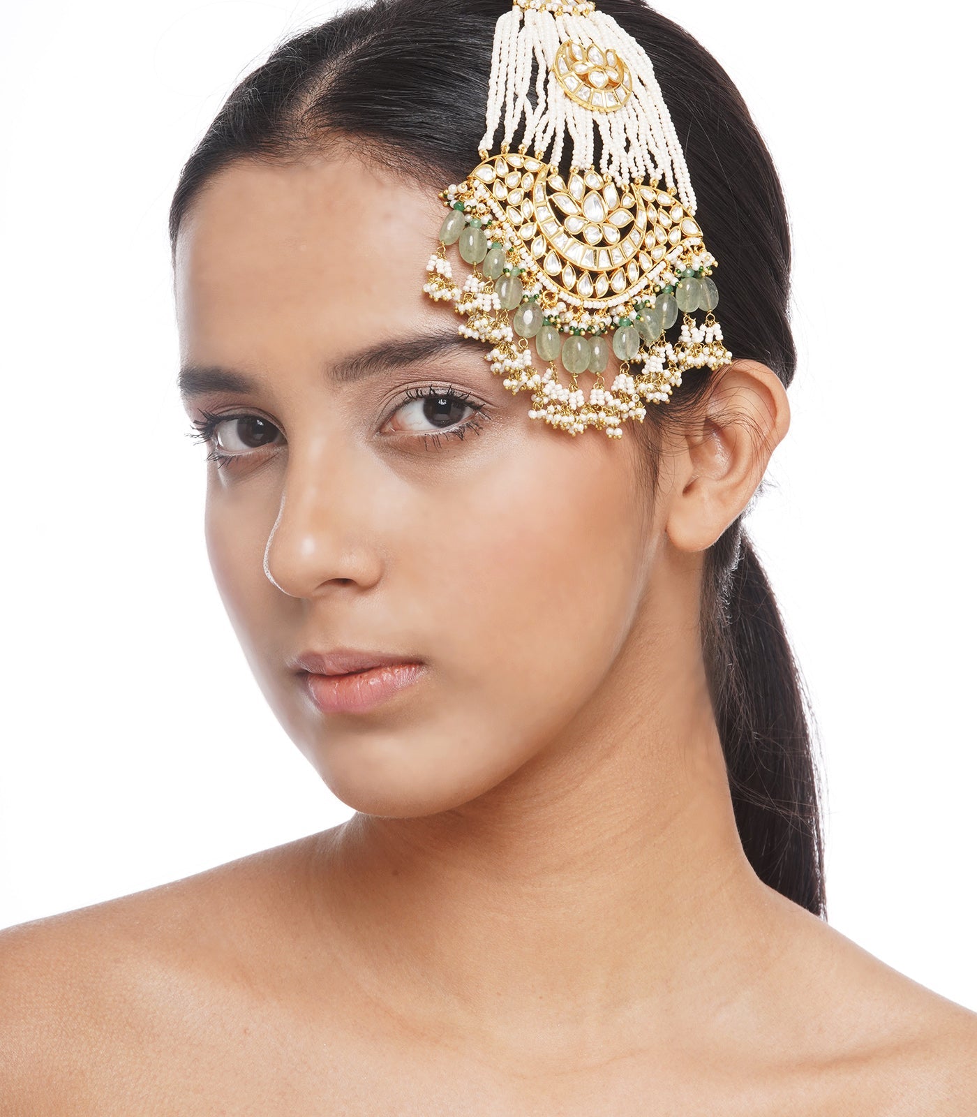 Preeti Mohan - Chandni Gold Plated Green Kundan Passa With Green & White Drops