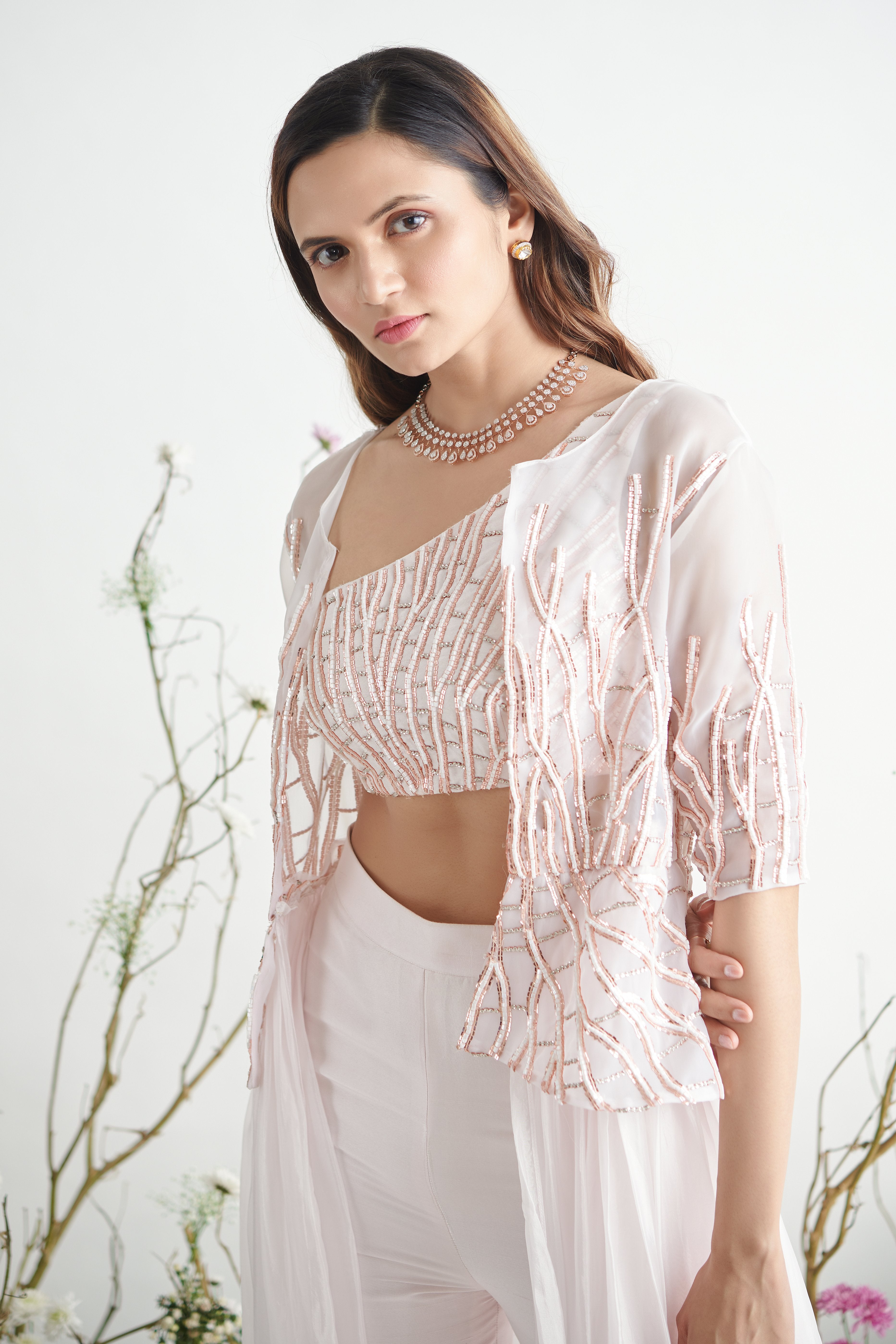 Pink Peacock Couture - Baby Pink Hand Embroidered Jacket With Pant Set