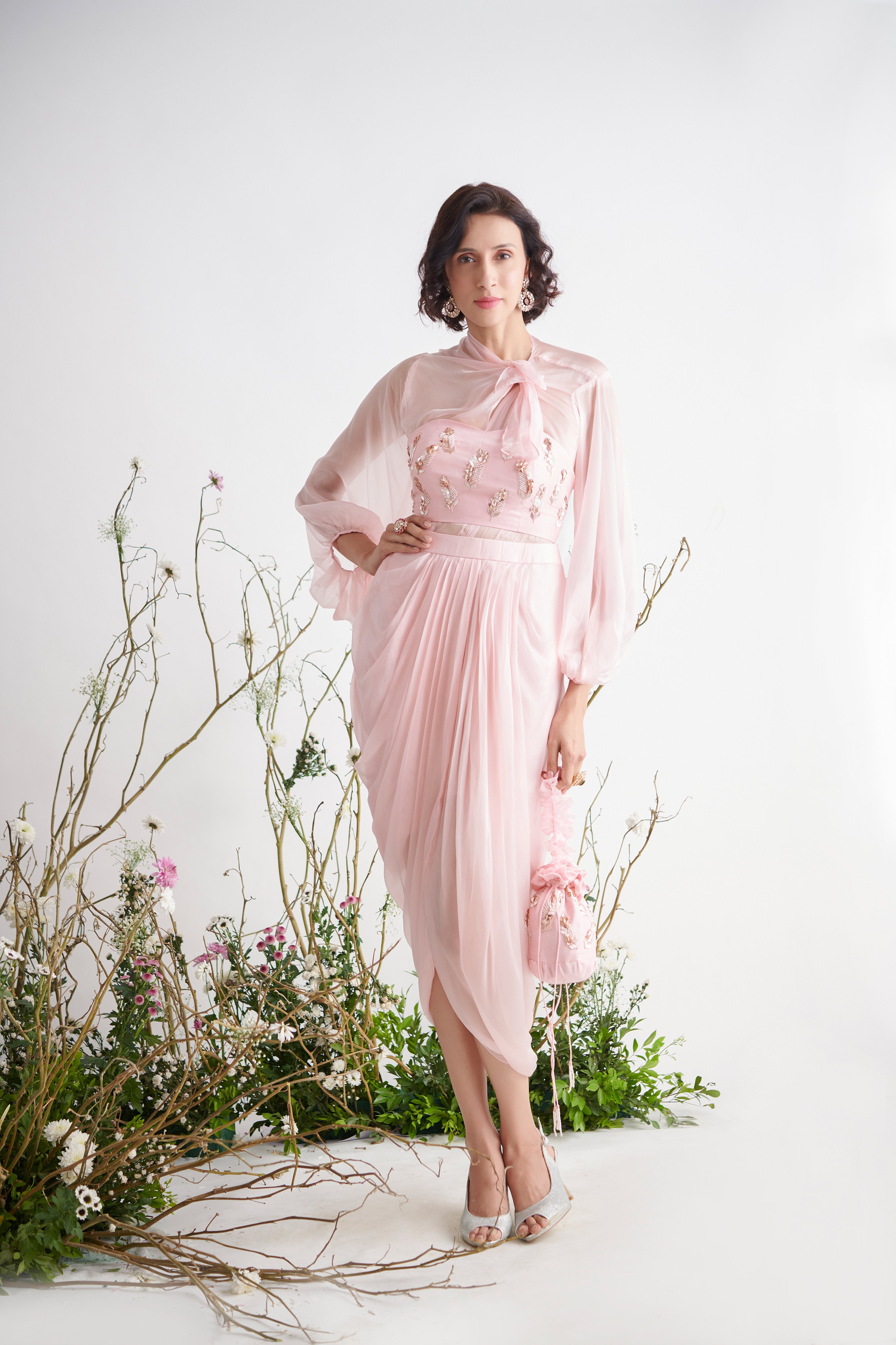 Pink Peacock Couture - Rose Pink Hand Embroidered Dhoti Set