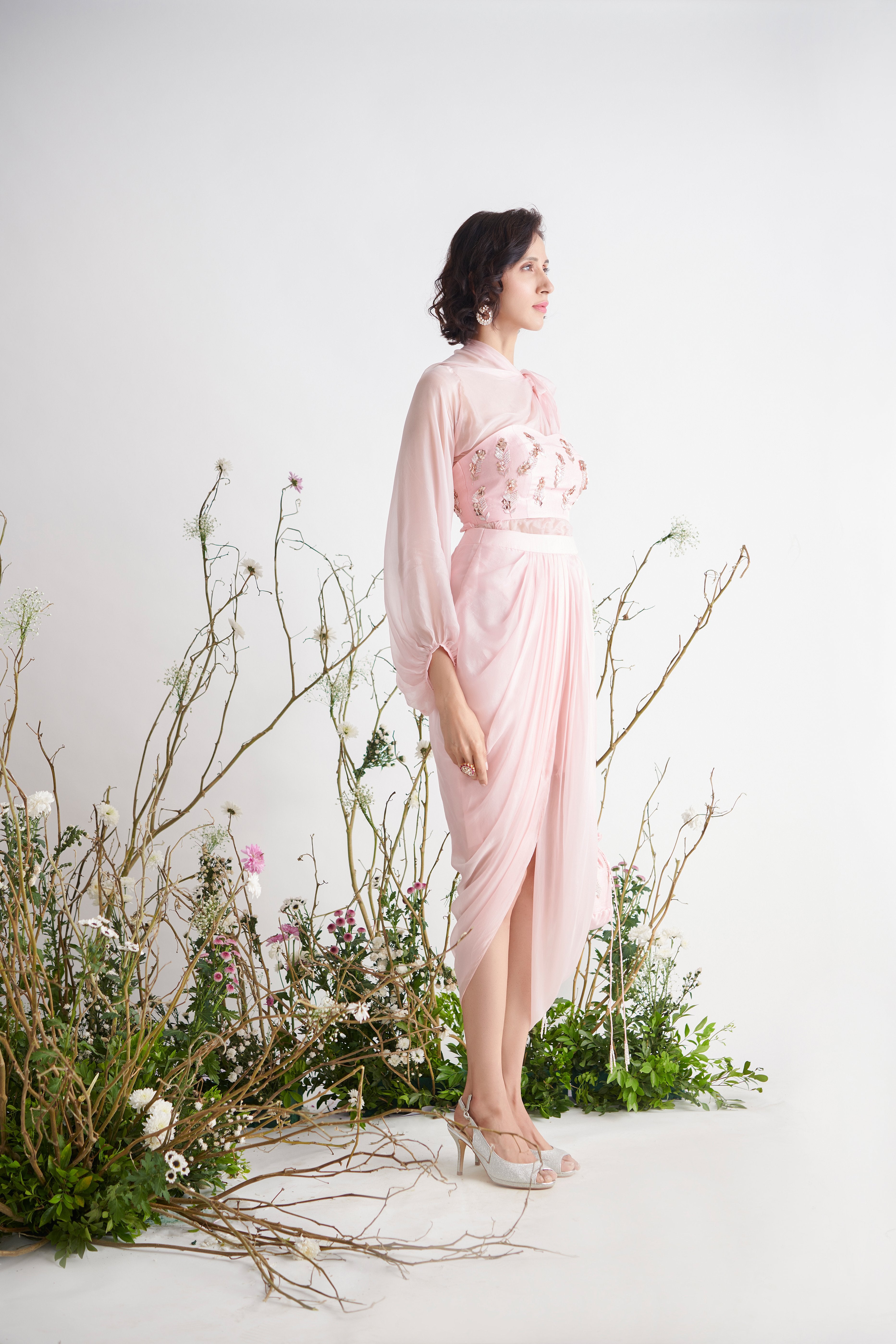 Pink Peacock Couture - Rose Pink Hand Embroidered Dhoti Set