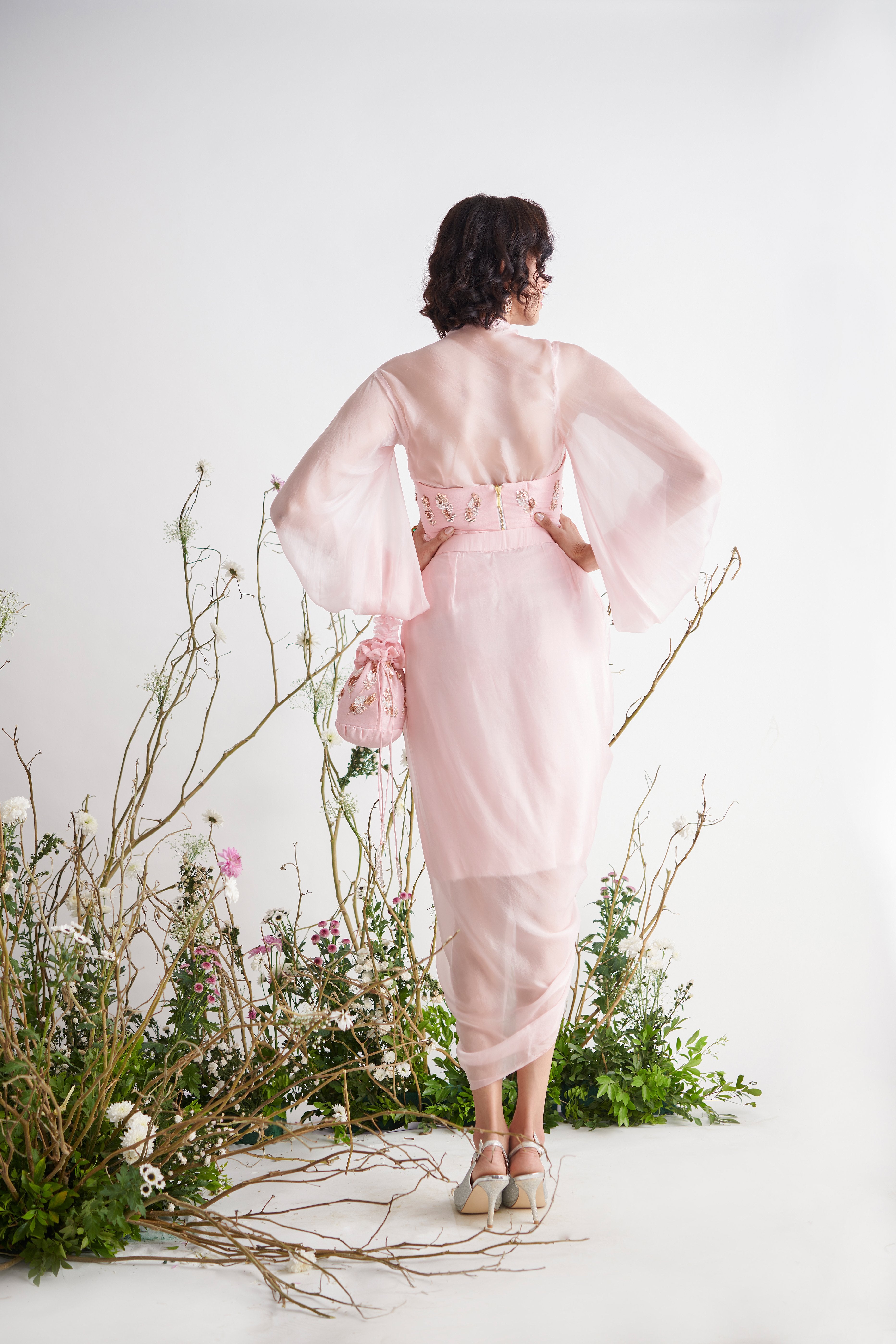 Pink Peacock Couture - Rose Pink Hand Embroidered Dhoti Set