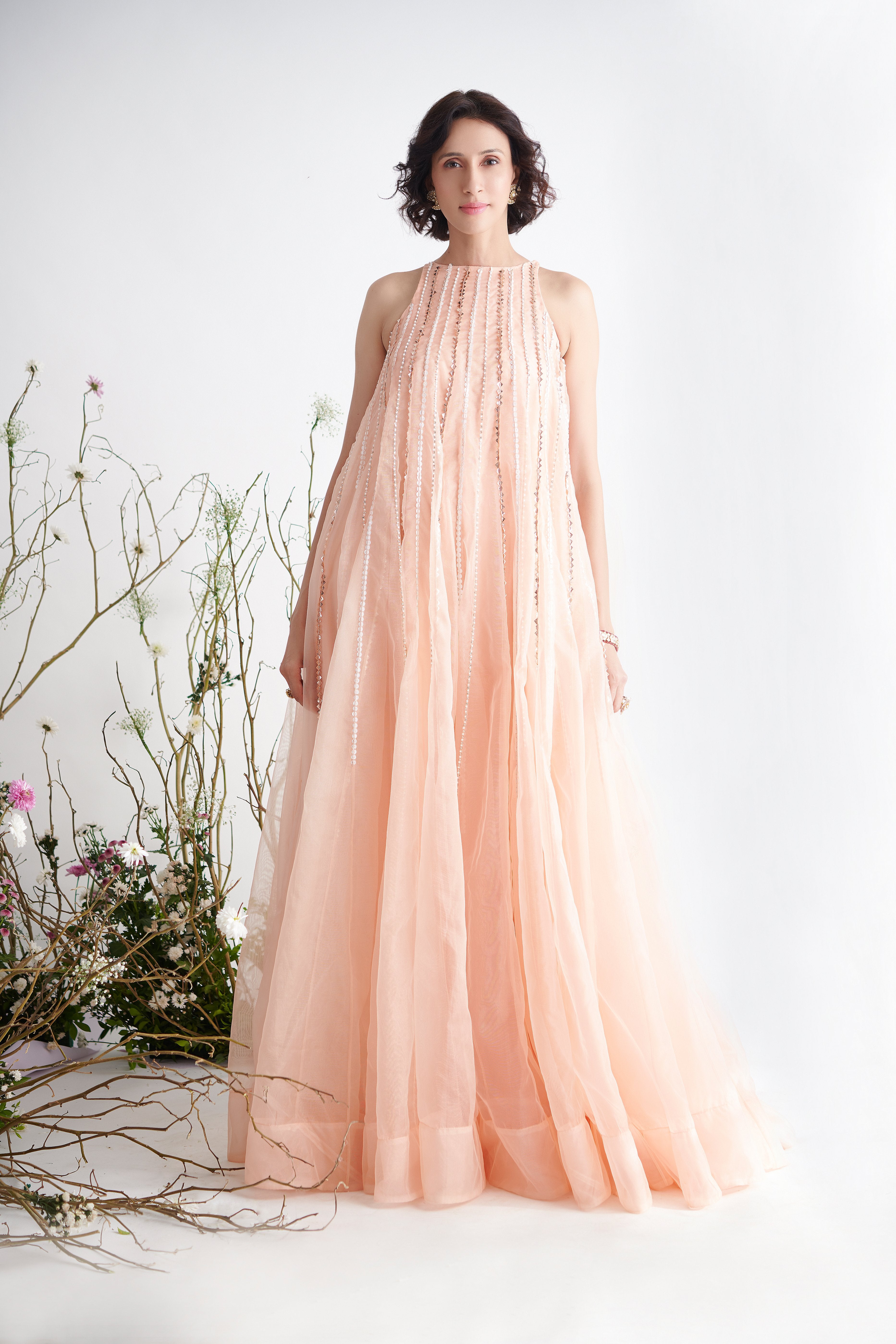 Pink Peacock Couture - Peach Hand Embroidered Trapeze Gown