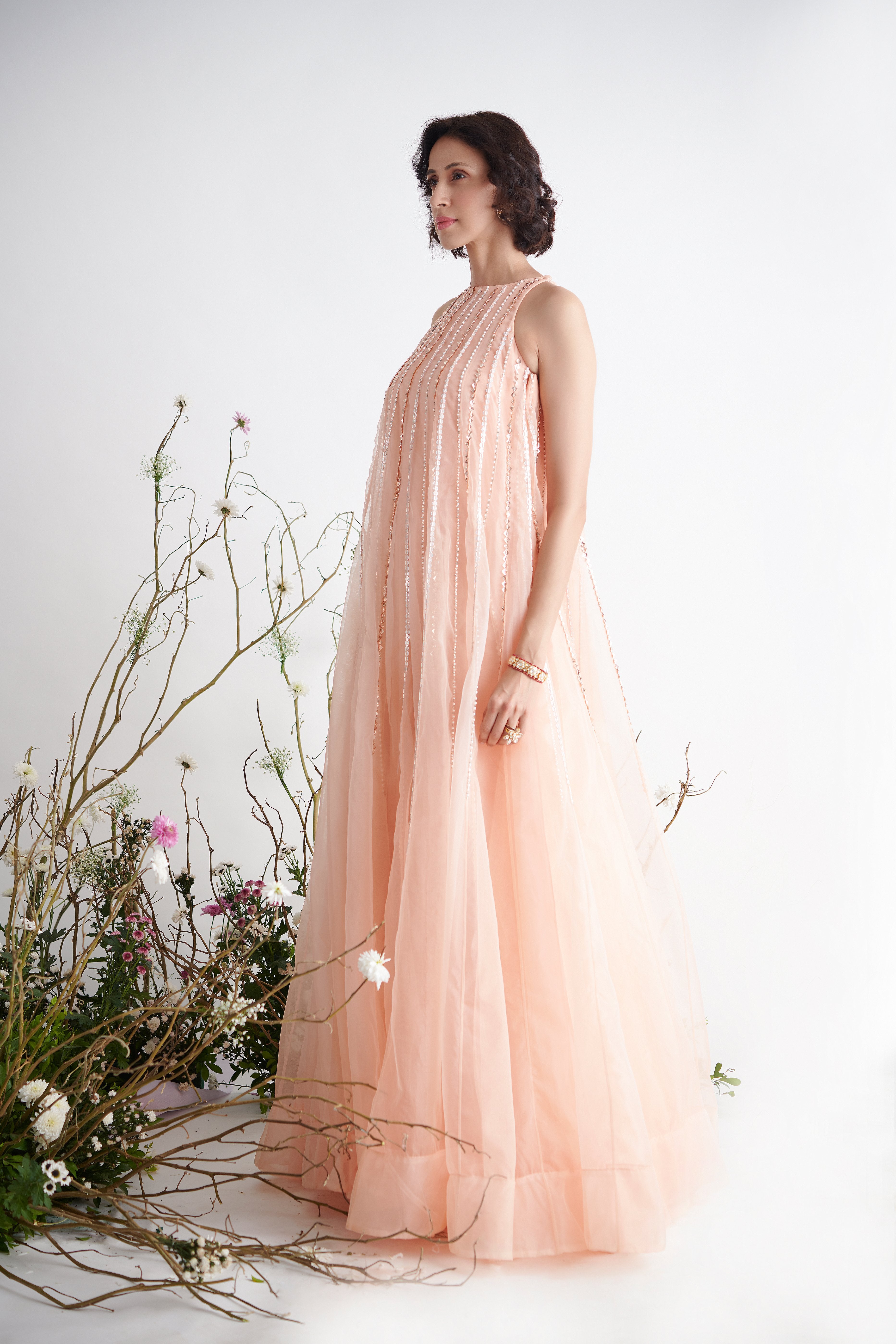 Pink Peacock Couture - Peach Hand Embroidered Trapeze Gown