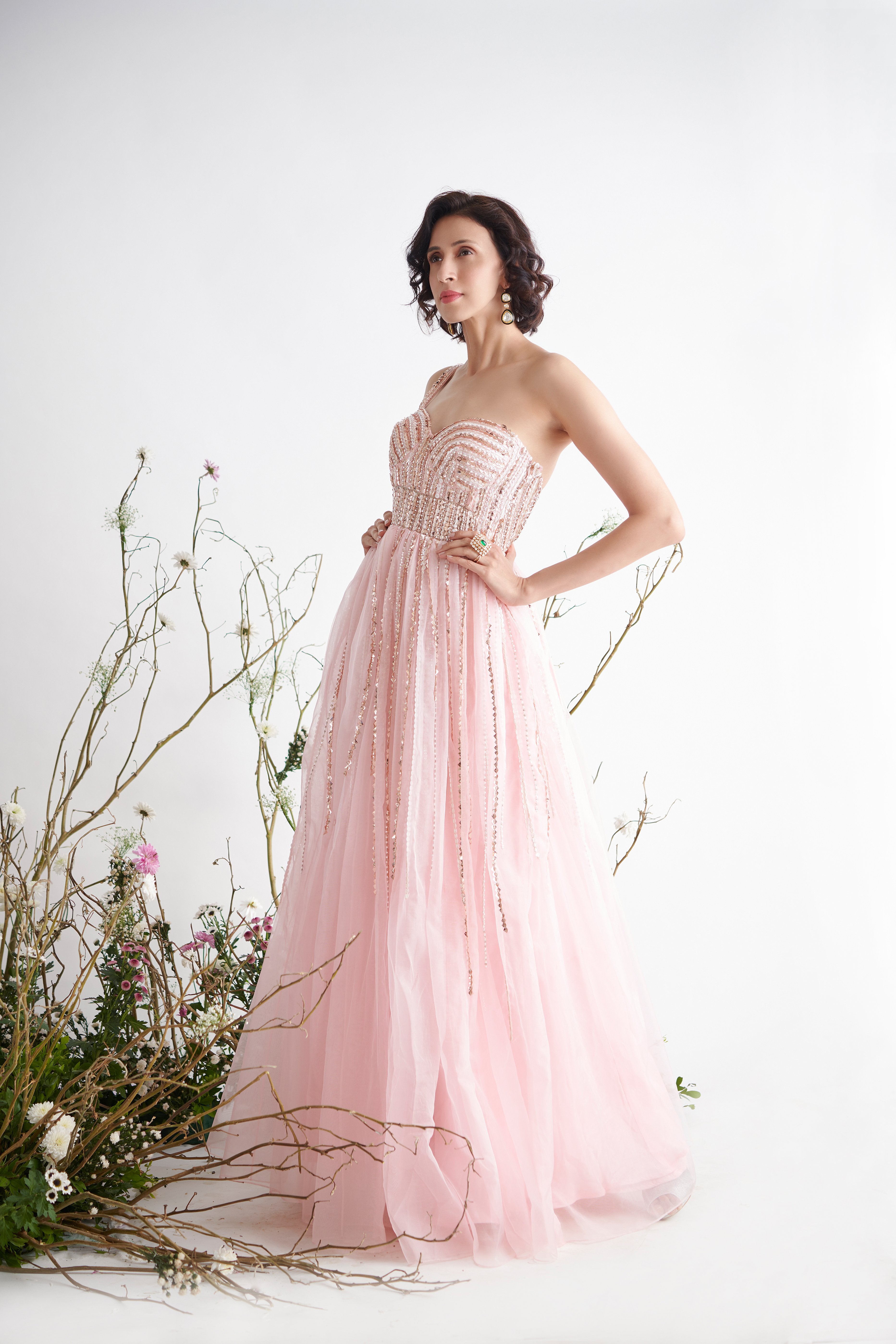 Pink Peacock Couture - Rose Pink Hand Embroidered Gown