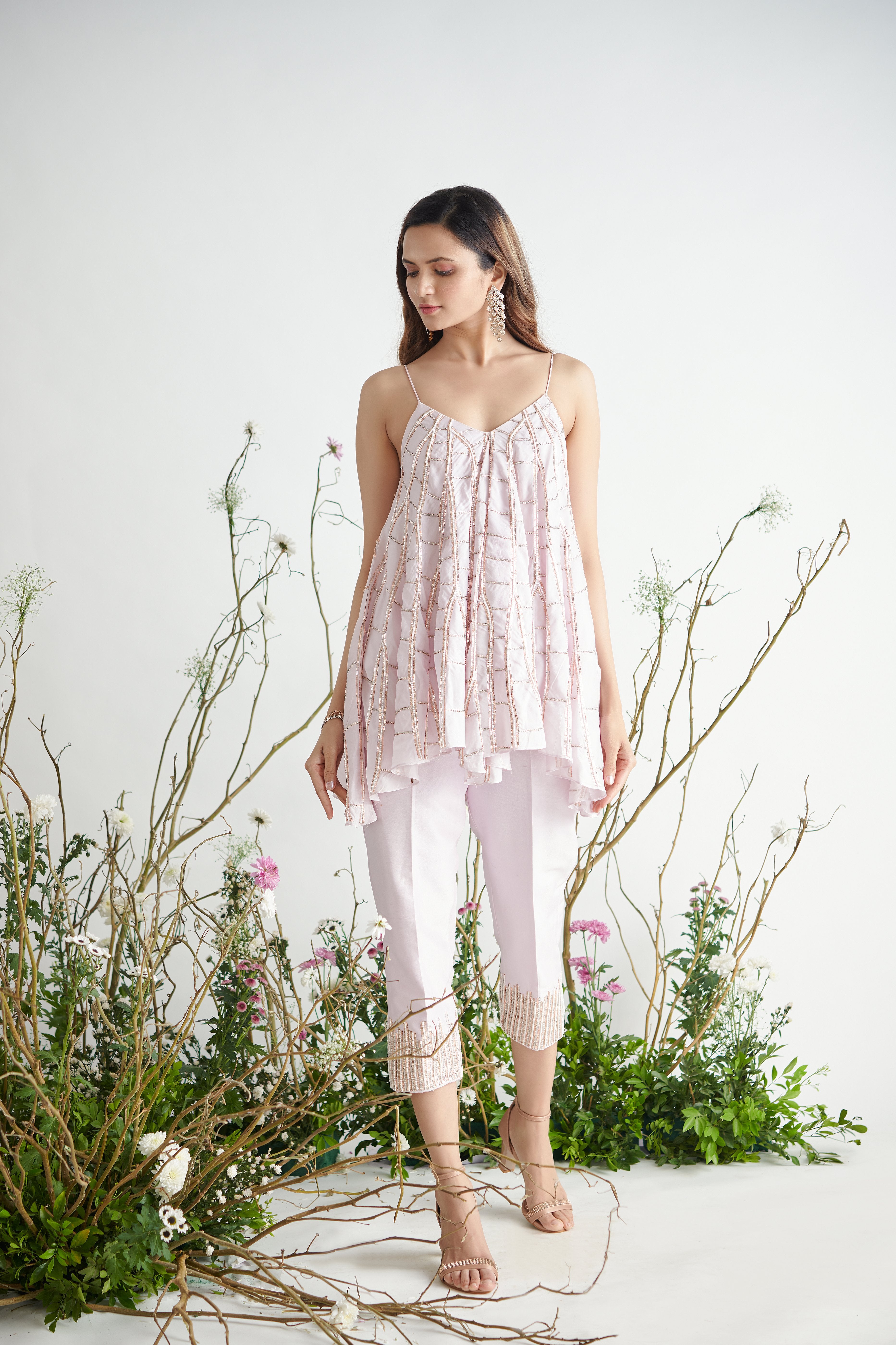 Pink Peacock Couture - Lilac Hand Embroidered Peplum Top & Pant Set