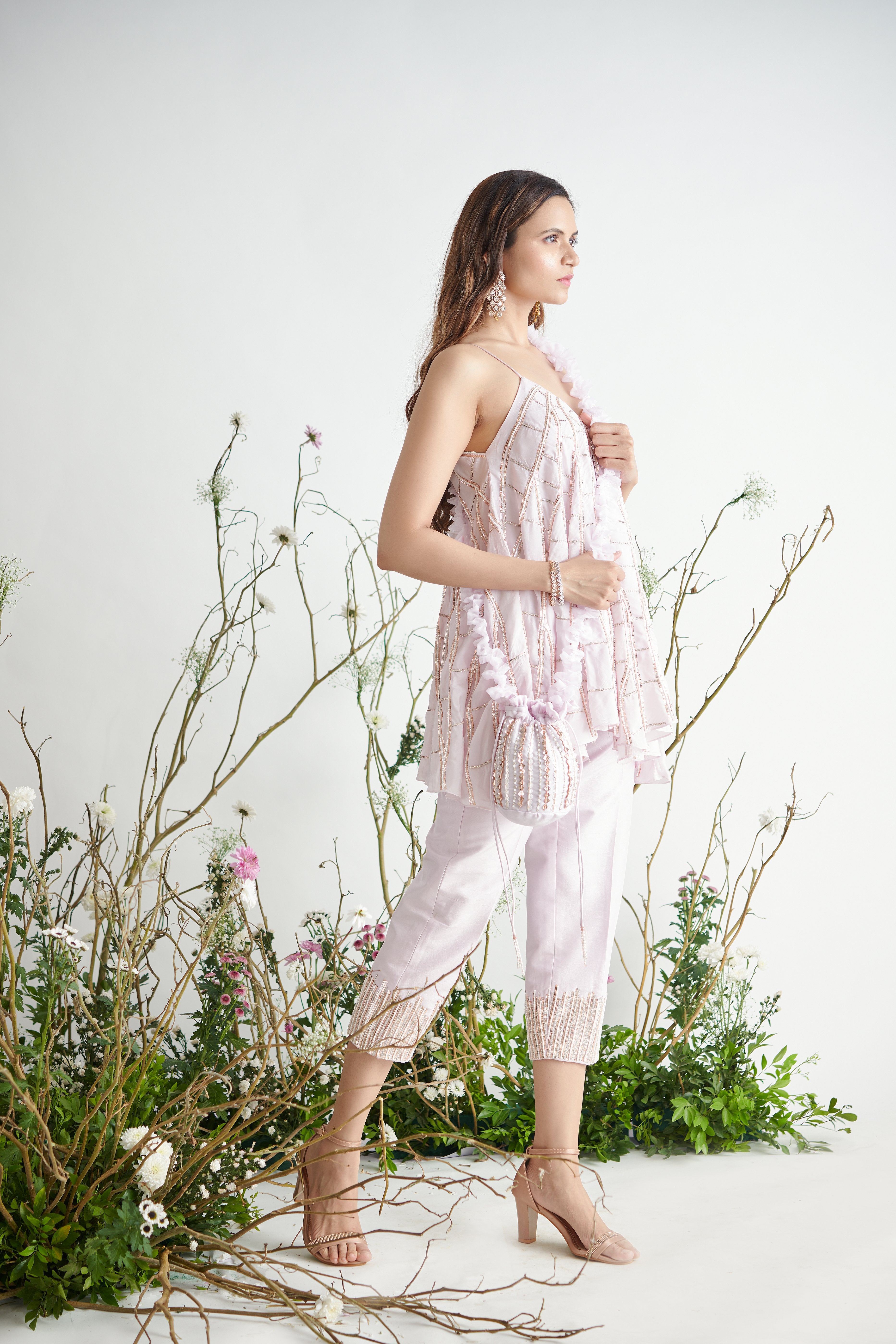 Pink Peacock Couture - Lilac Hand Embroidered Peplum Top & Pant Set