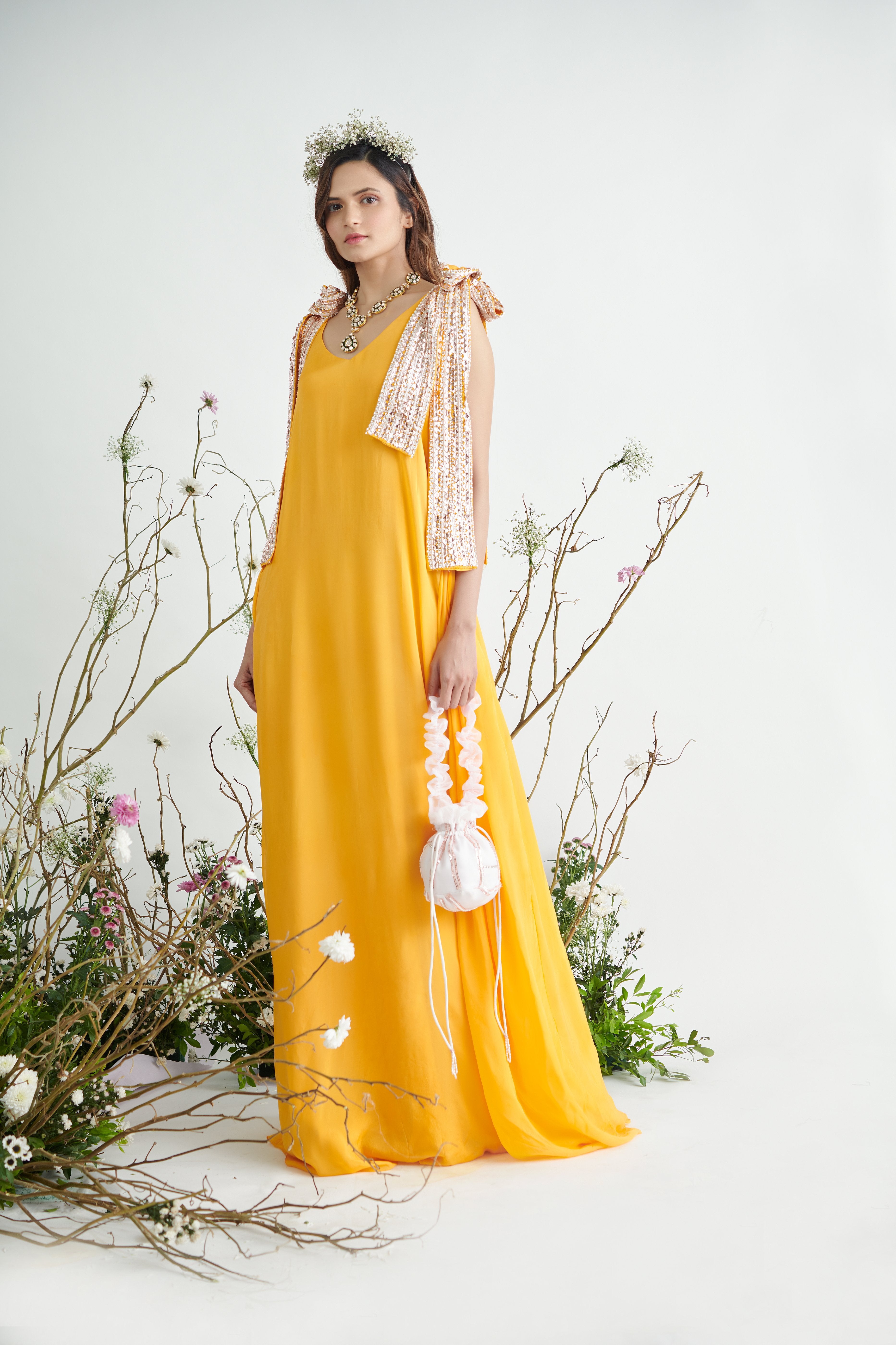 Pink Peacock Couture - Yellow Hand Embroidered Maxi Dress