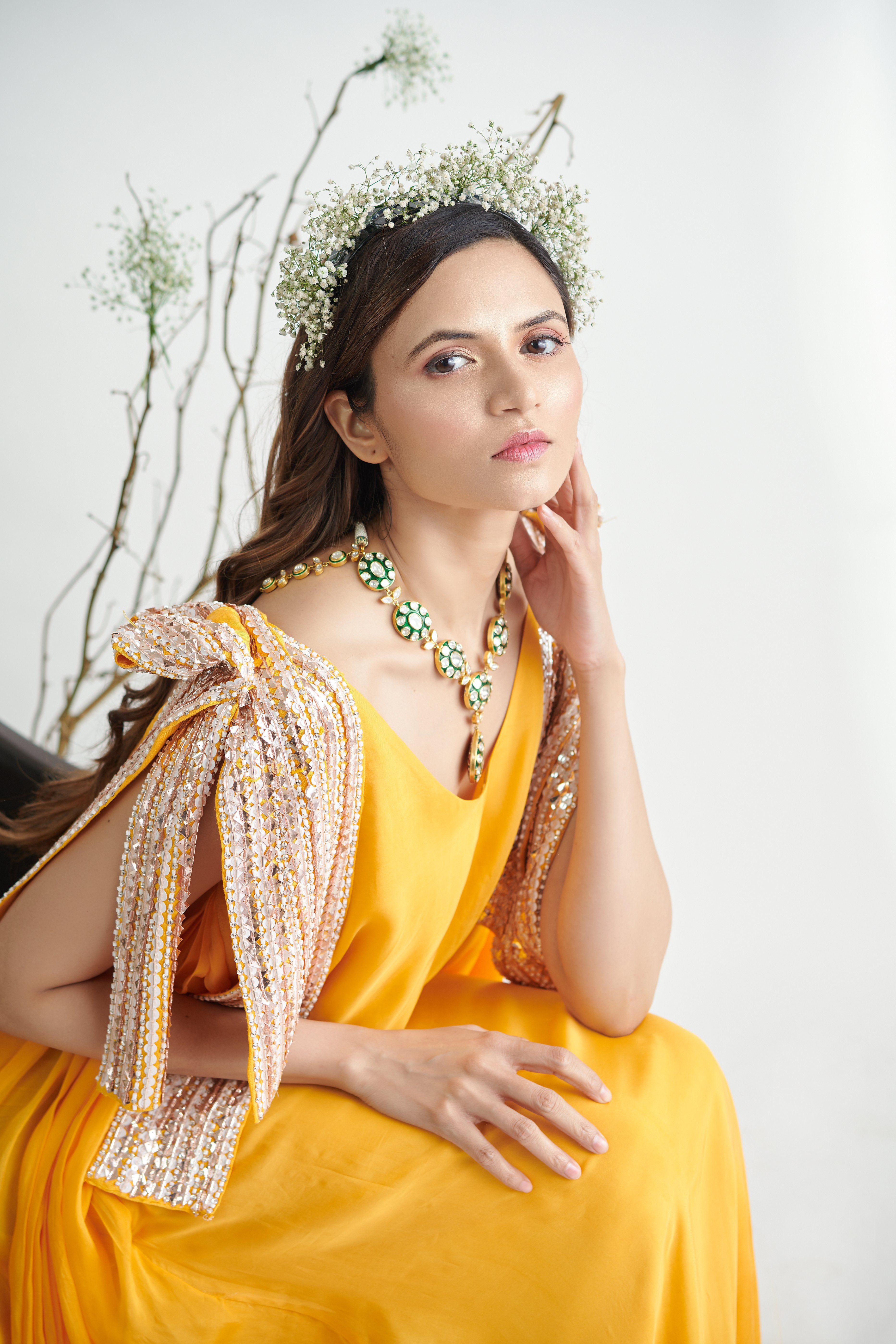 Pink Peacock Couture - Yellow Hand Embroidered Maxi Dress