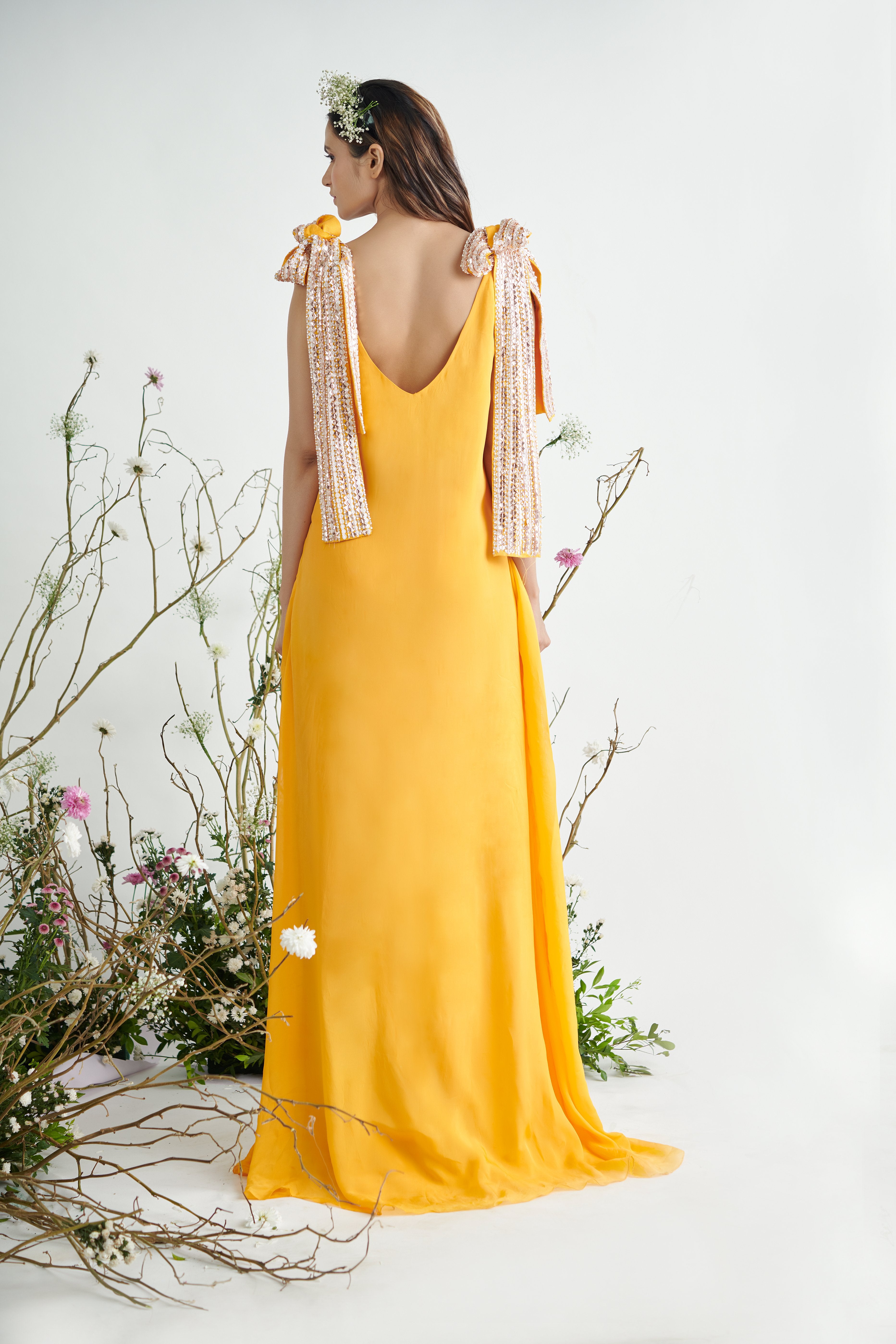 Pink Peacock Couture - Yellow Hand Embroidered Maxi Dress