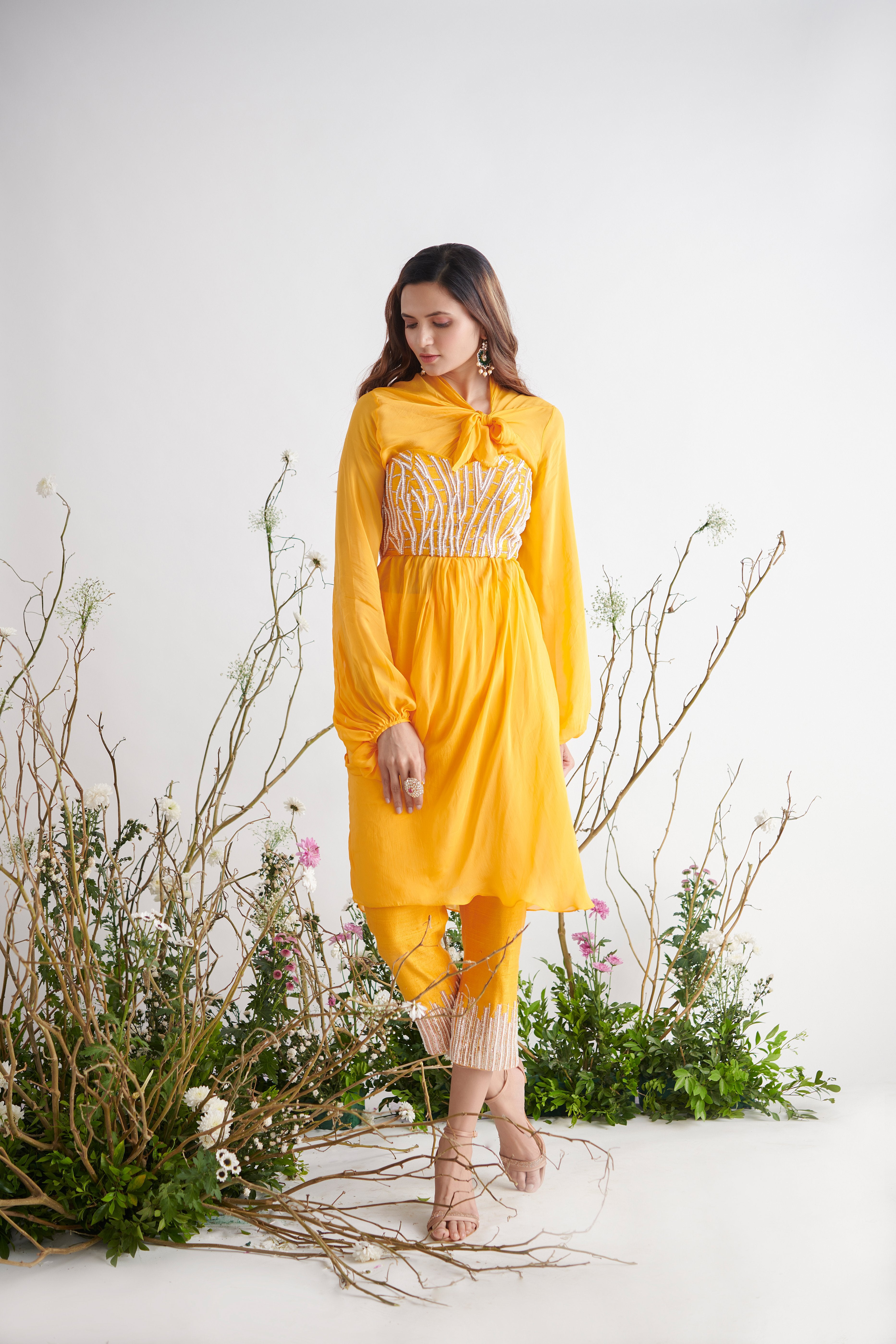 Pink Peacock Couture - Yellow Hand Embroidered Bustier With Tunic & Pant Set