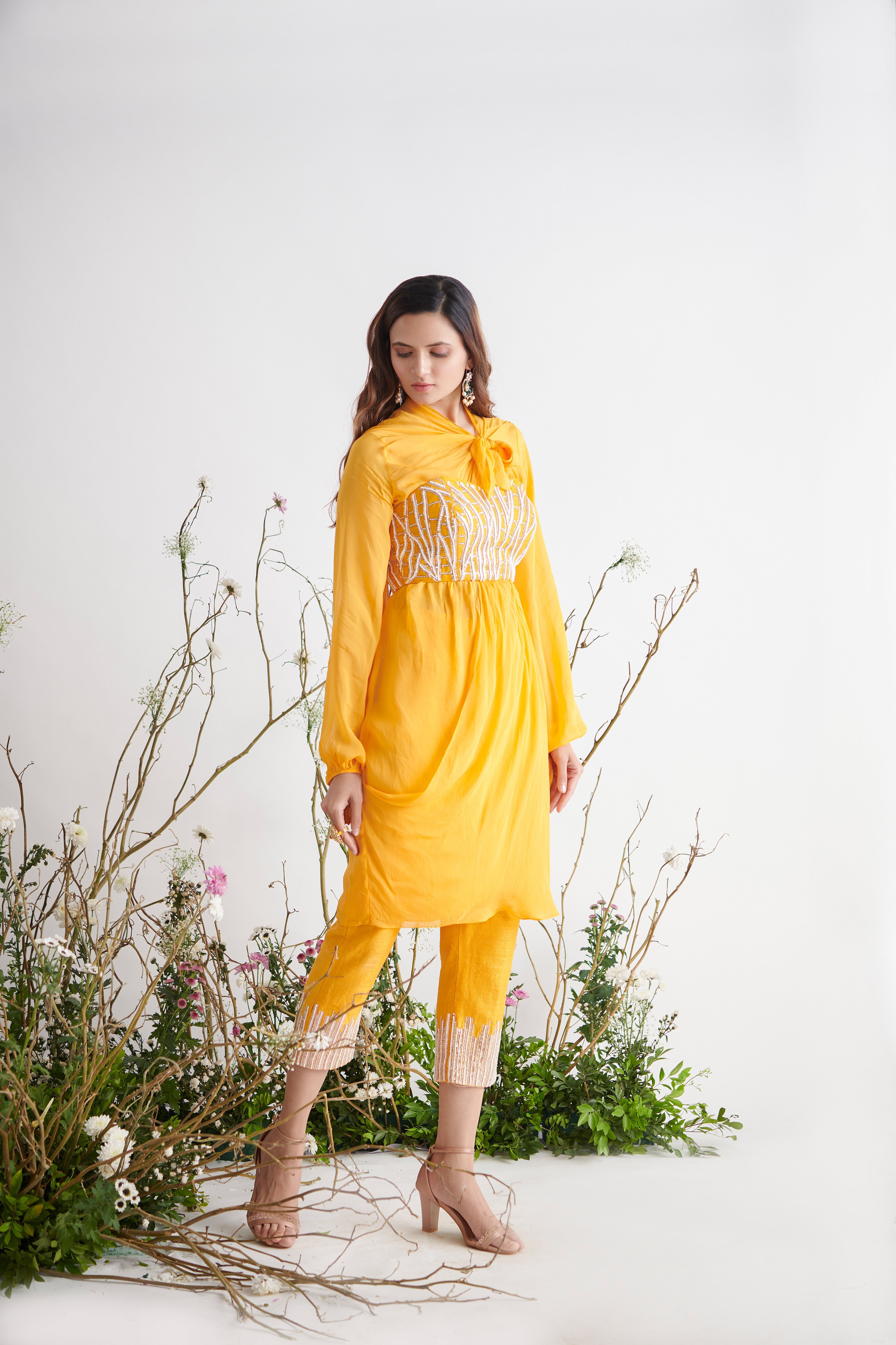 Pink Peacock Couture - Yellow Hand Embroidered Bustier With Tunic & Pant Set