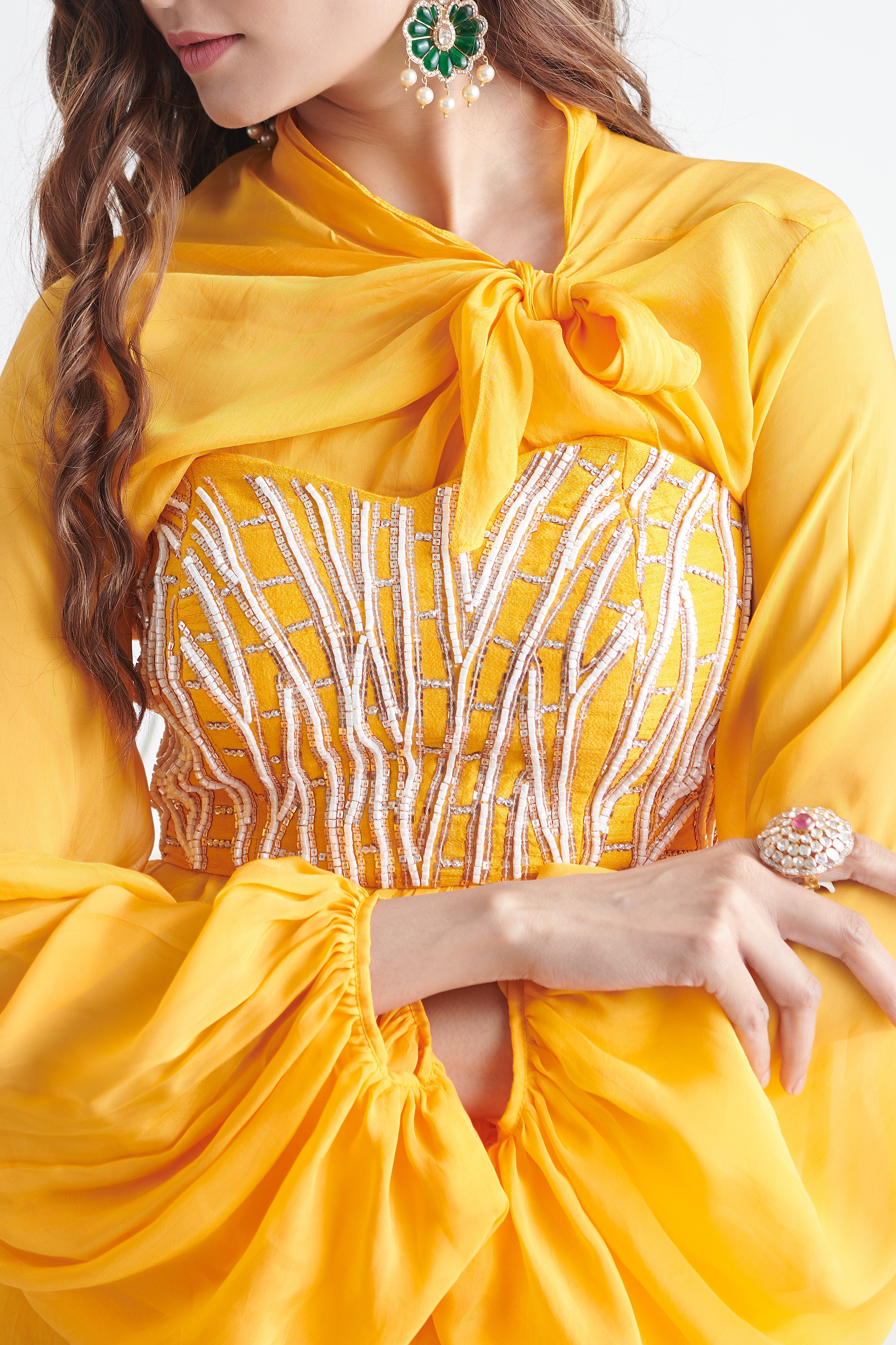 Pink Peacock Couture - Yellow Hand Embroidered Bustier With Tunic & Pant Set