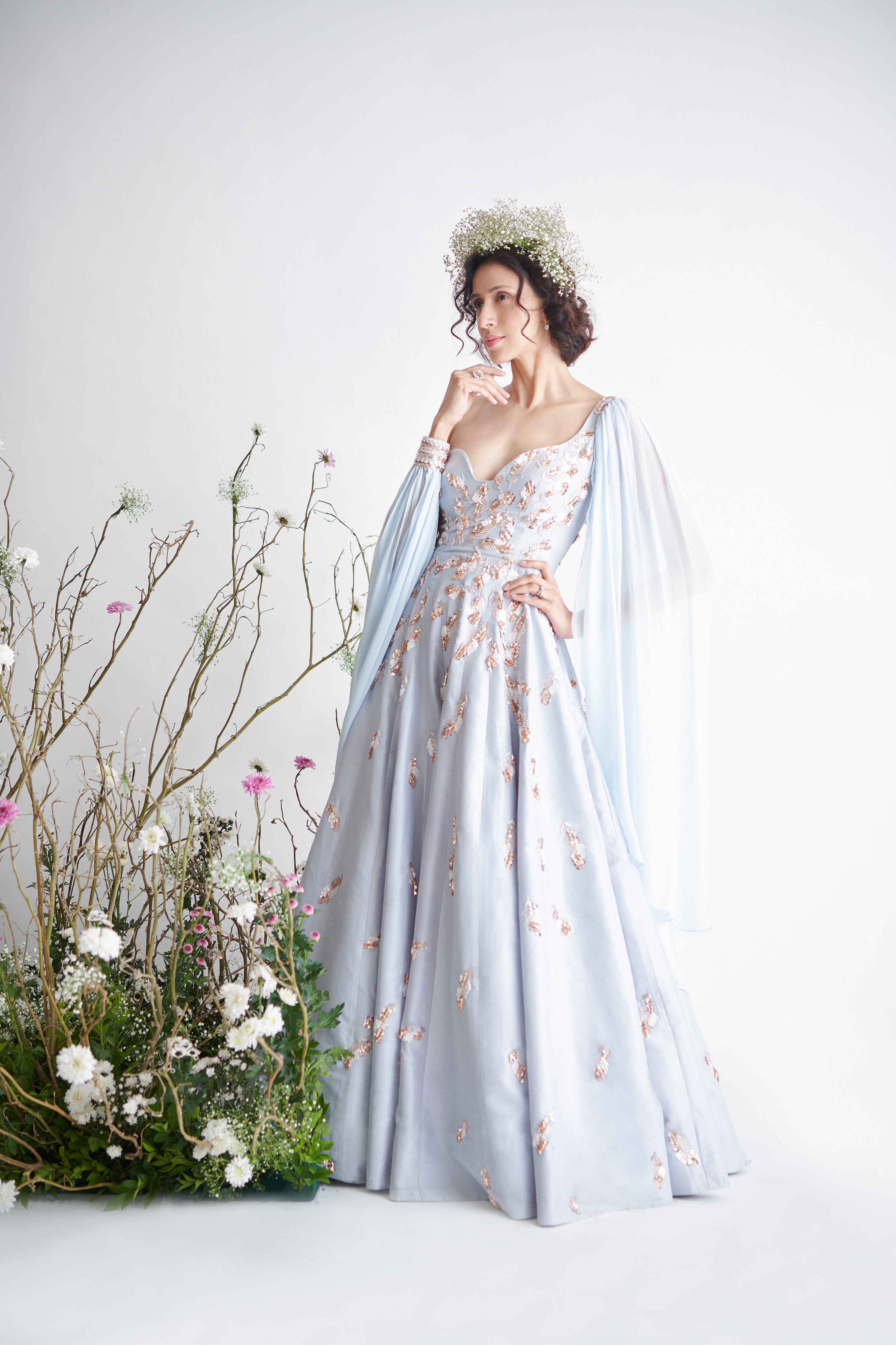Pink Peacock Couture - Light Blue Hand Embroidered Drape Gown