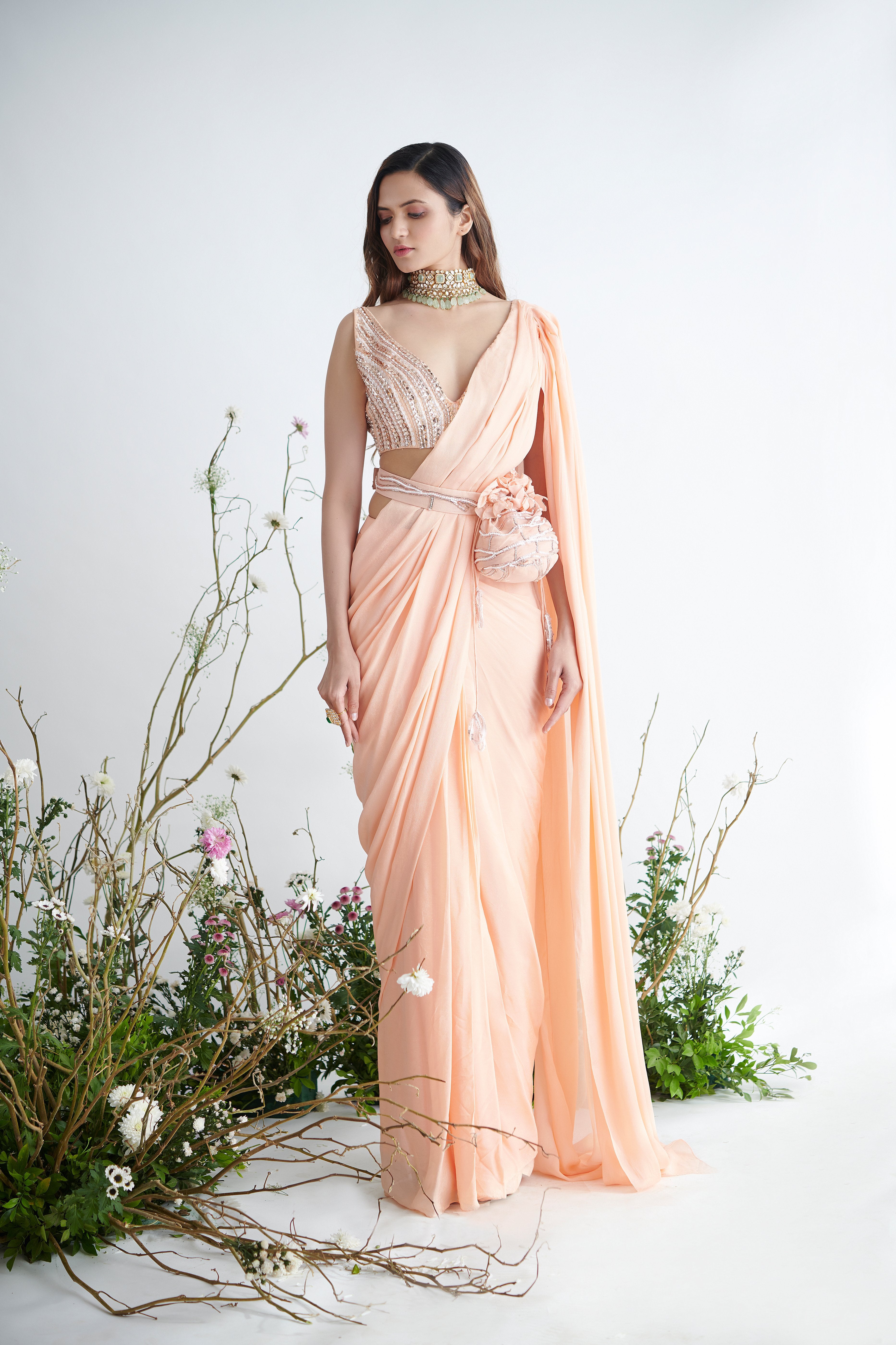 Pink Peacock Couture - Peach Hand Embroidered Pre-Draped Saree