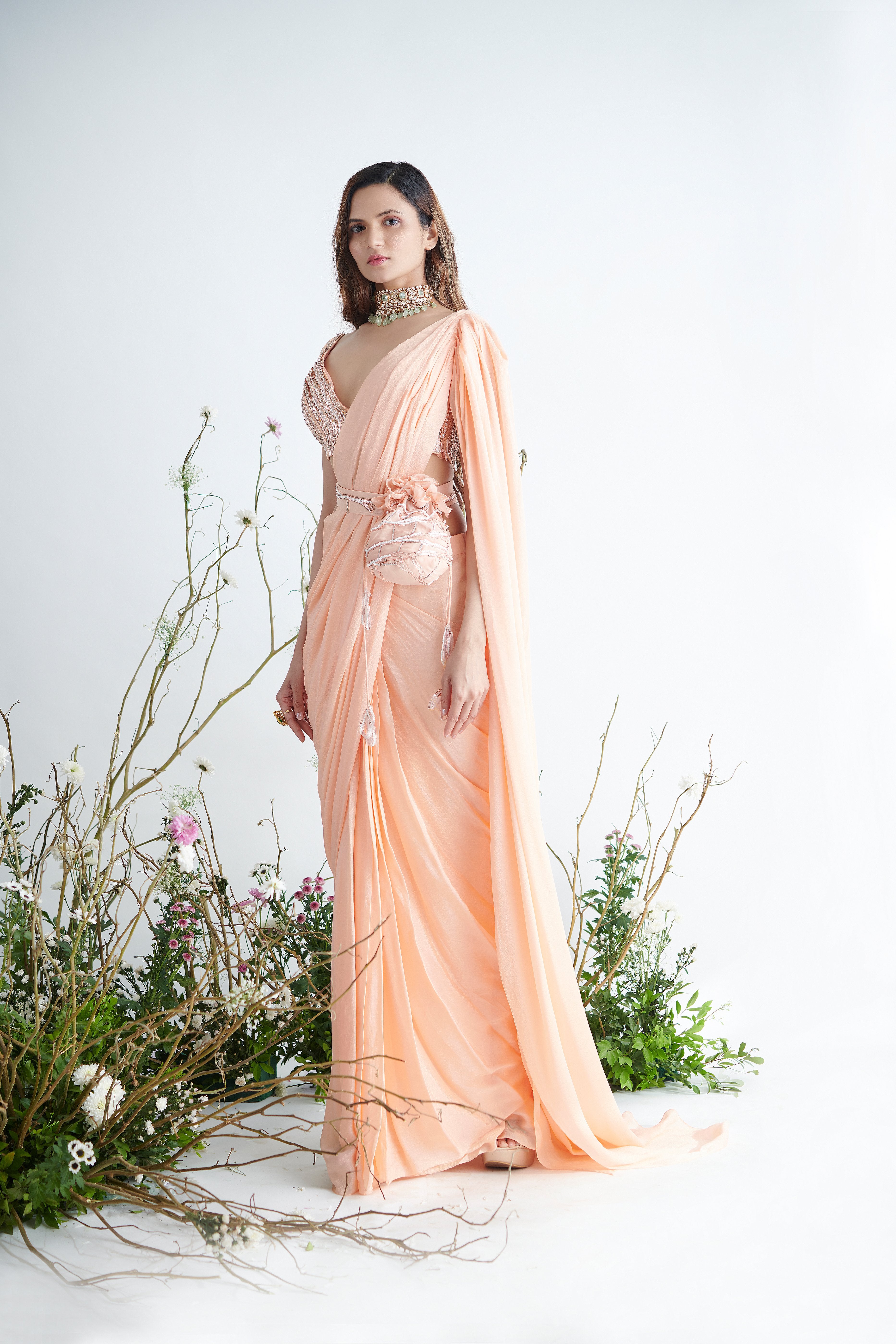 Pink Peacock Couture - Peach Hand Embroidered Pre-Draped Saree